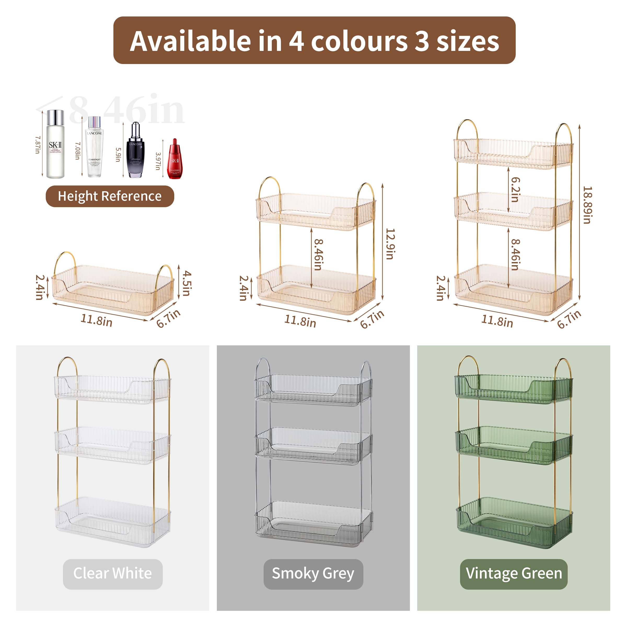 Ycia&Done Bathroom Organizer Countertop 3 Tiers, Makeup Organizer Counter Storage, Skincare Cosmetics Shelf, Perfume Holder For
