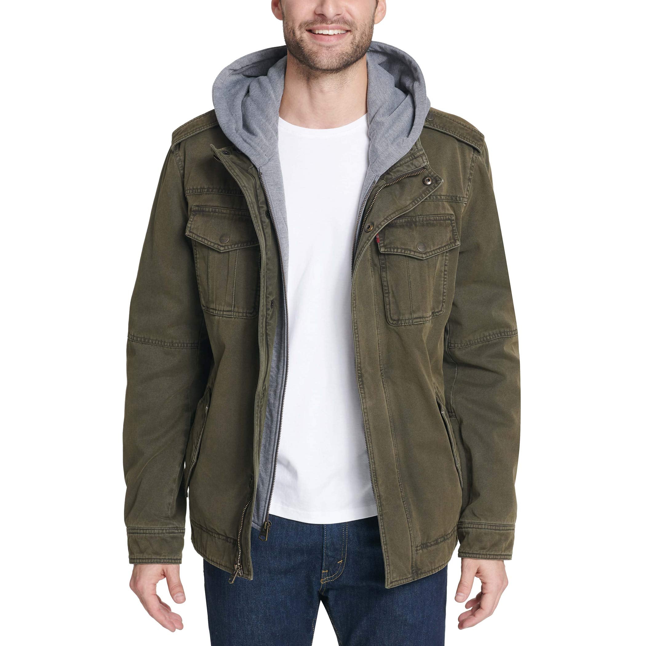 Levis Mens Four-Pocket Hooded Jacket, Olivepolytwill Lined, Medium Us
