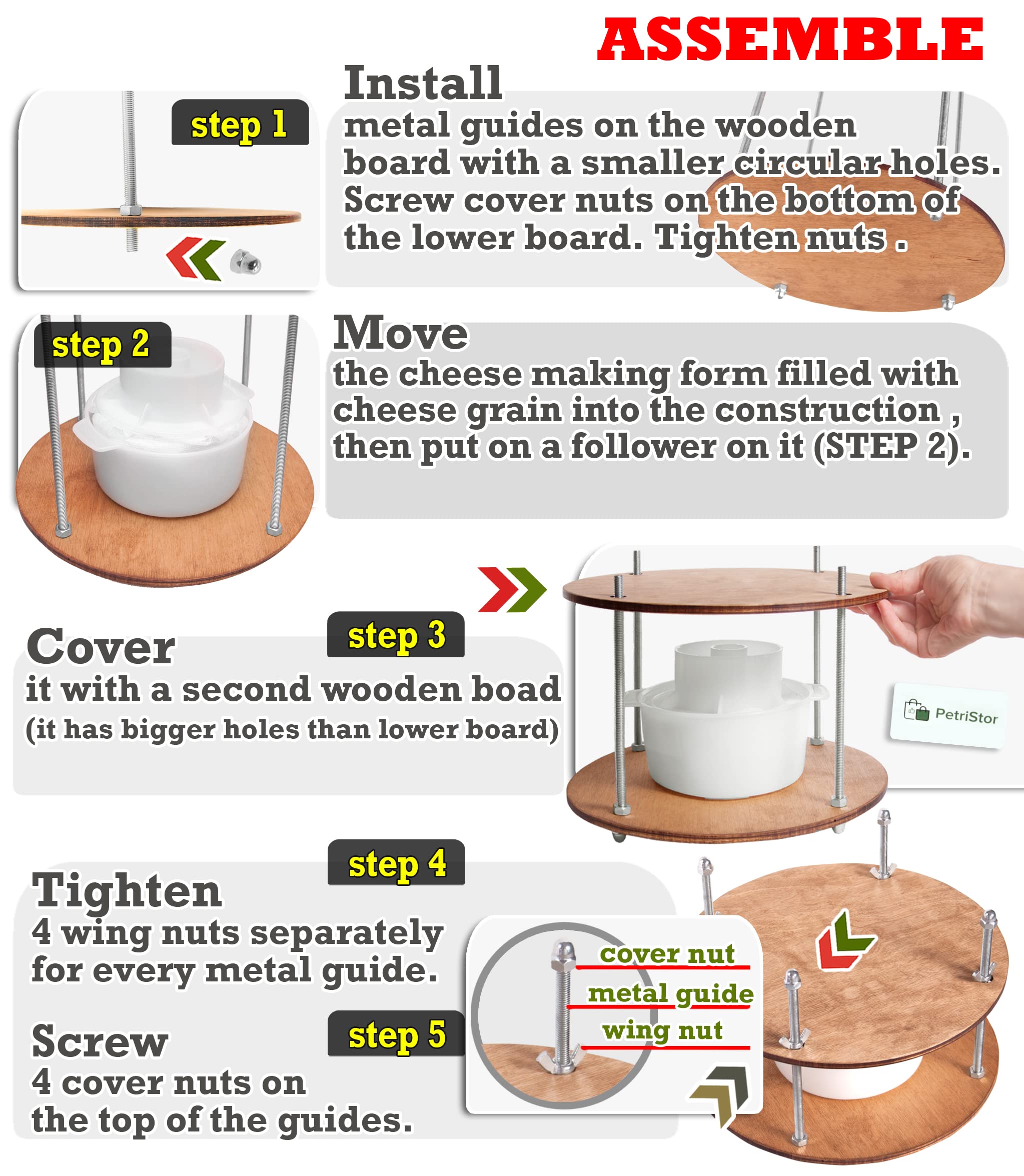 Wooden Cheese Press For Cheese Making Supplies Diameter 11 In Metal Guides Walnut And Cheese Mold With Follower Piston 1.3 Qt -