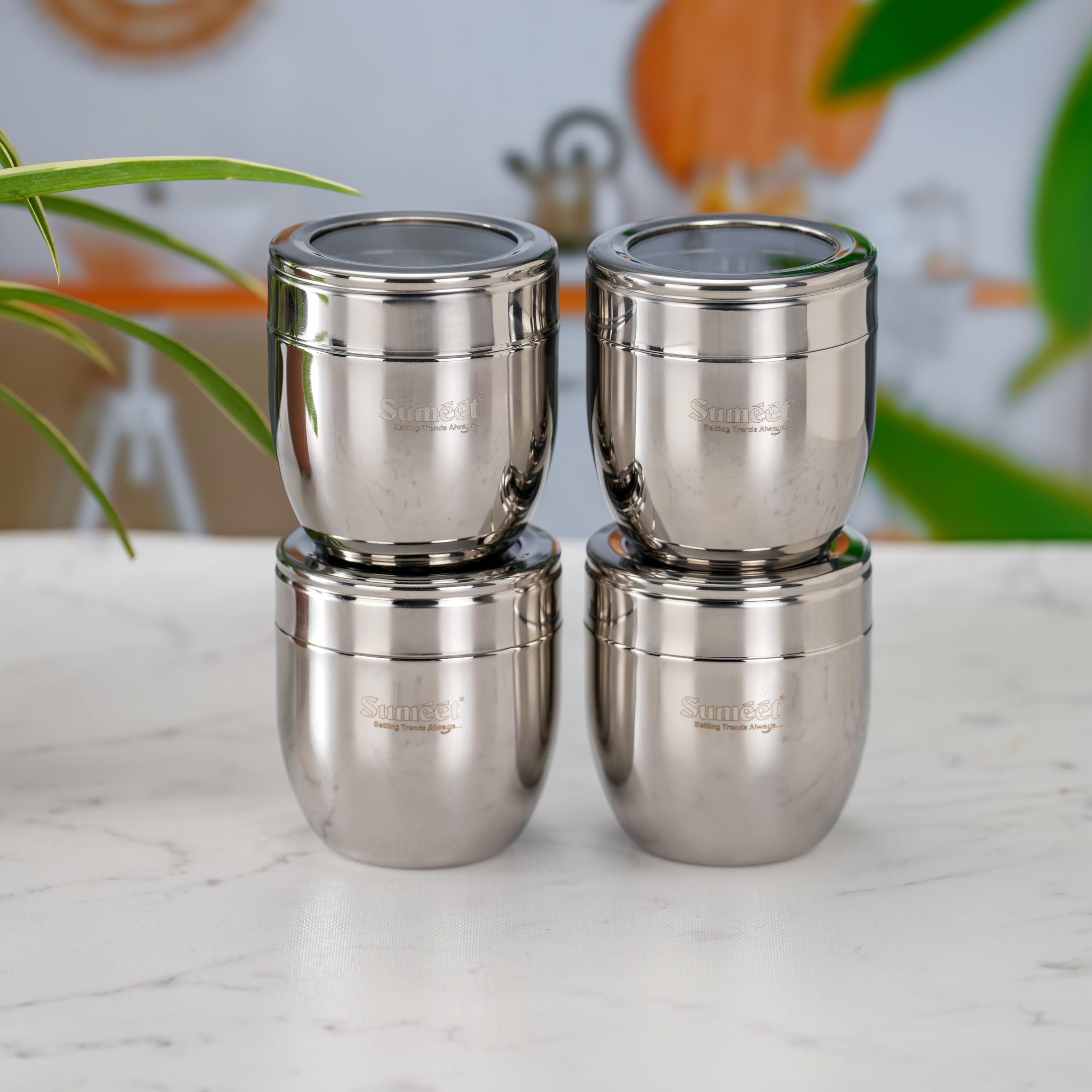 Sumeet Stainless Steel Conical Shape Canisters/Dabba/Storage Containers For Kitchen With See Through Lid, Set Of 4 Pcs, 500Ml Ea