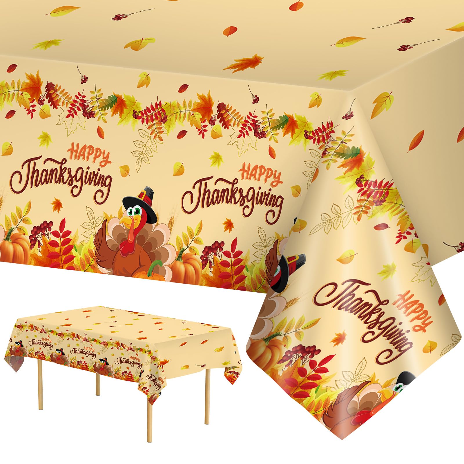 2 Pack Happy Thanksgiving Tablecloth - Fall Thanksgiving Turkey Table Cloths, Disposable Plastic Rectangle Autumn Pumpkin Maple