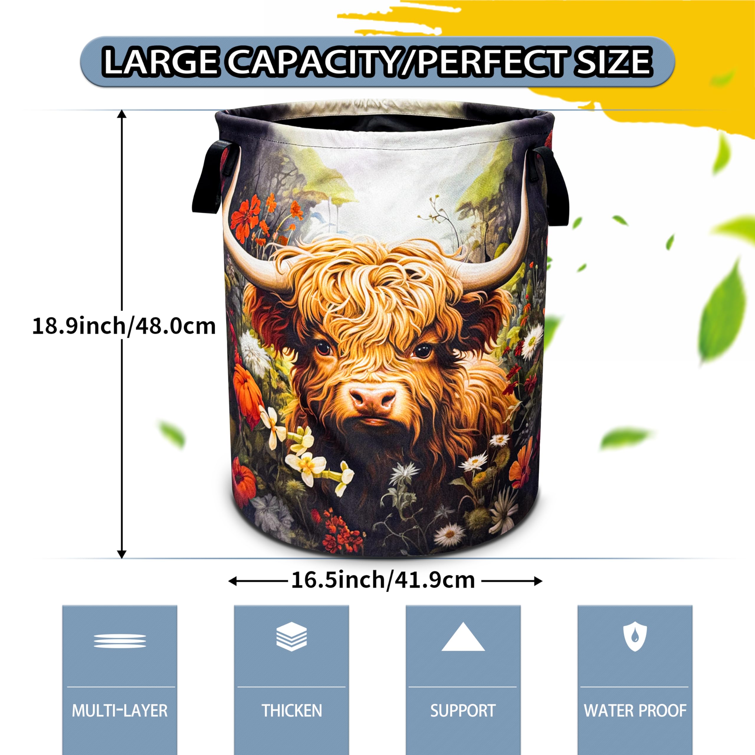 Highland Cow Flowers Laundry Basket Cattle Foldable Oxford Cloth Funny Tote Bag Laundry Hamper Clothes Storage Bucket Toy Organi
