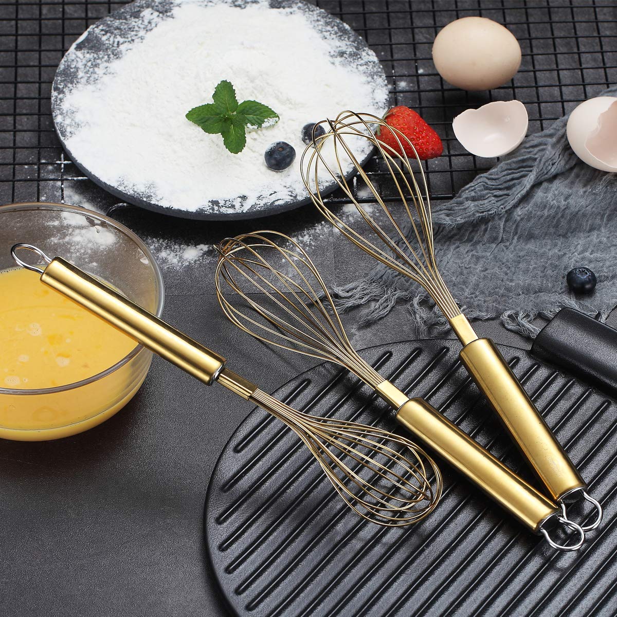 Berglander Gold Whisk Pack Of 3 Stainless Steel 8'',10'',12'', Titianium Plating Gold Whisks For Cooking, Beater,Wire Whisk Set