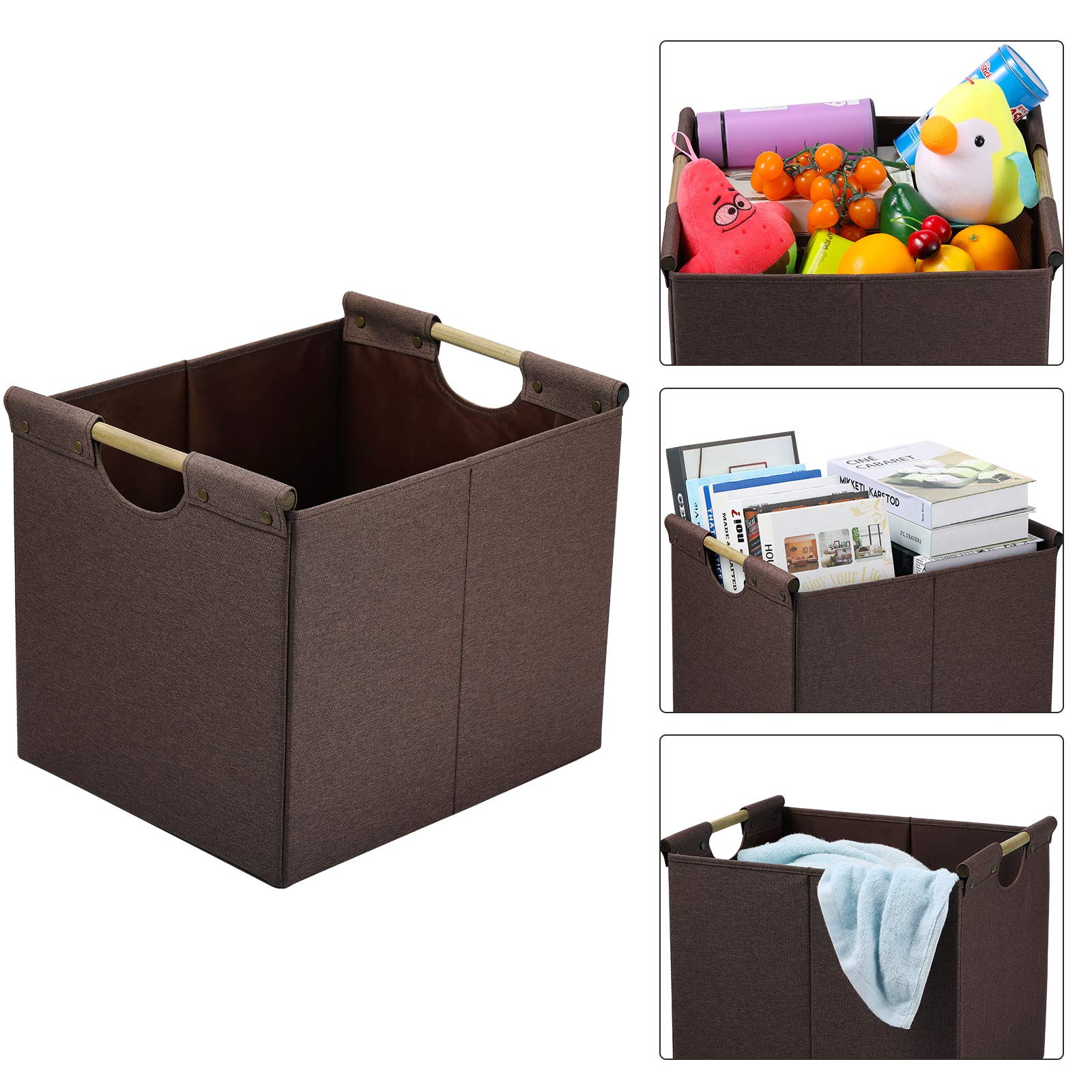 HOONEX Large Collapsible Storage Bins  Linen Fabric  2 Pack  Storage Baskets with Wooden Carry Handles and Sturdy Heavy Cardboard  for Home  Office  Car  Nursery  Brown
