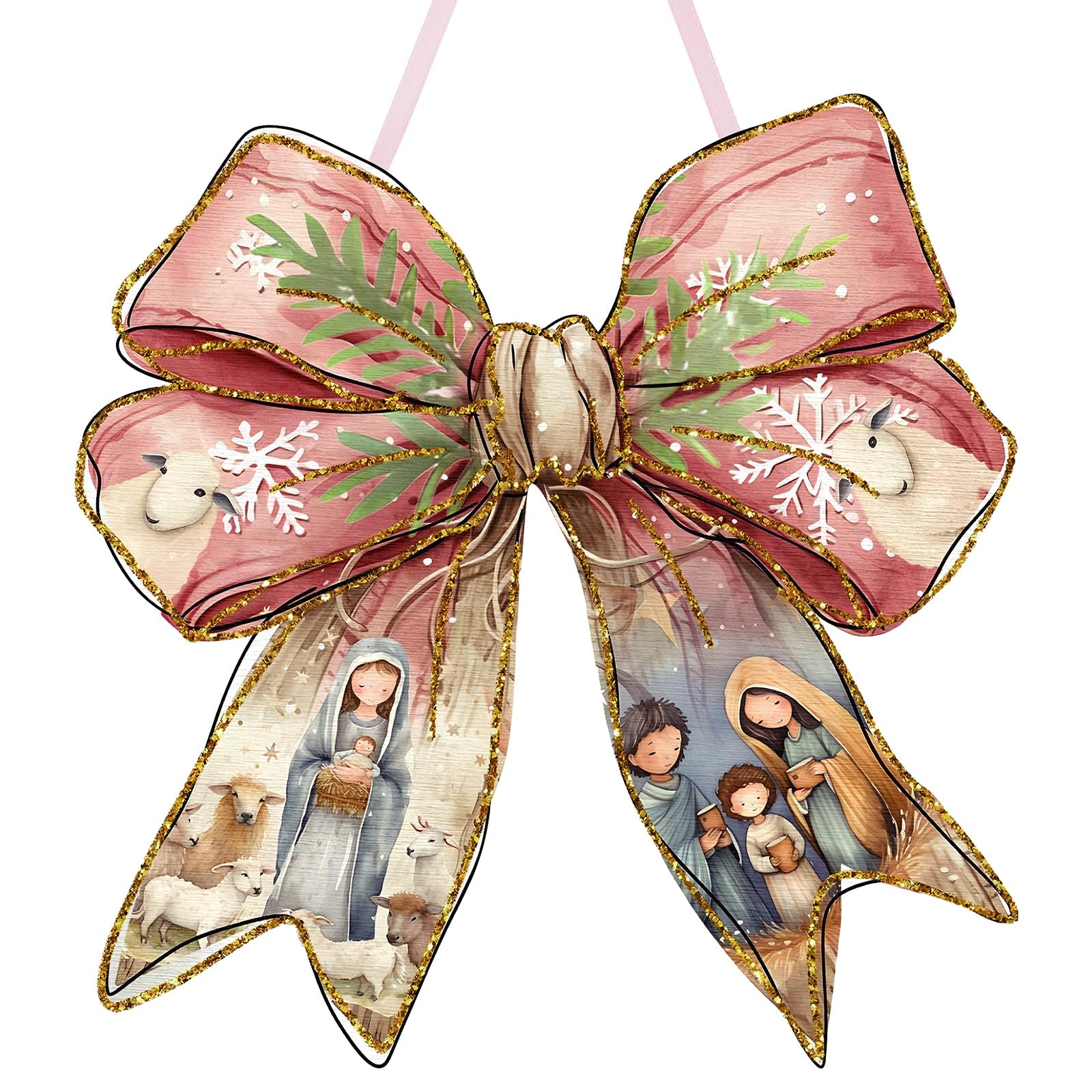 RattanView Jesus Christmas Bow Wooden Hanging Sign Coquette Bow Wall Hanging Nativity Scene Wall Art Bowknot Welcome Door Sign D