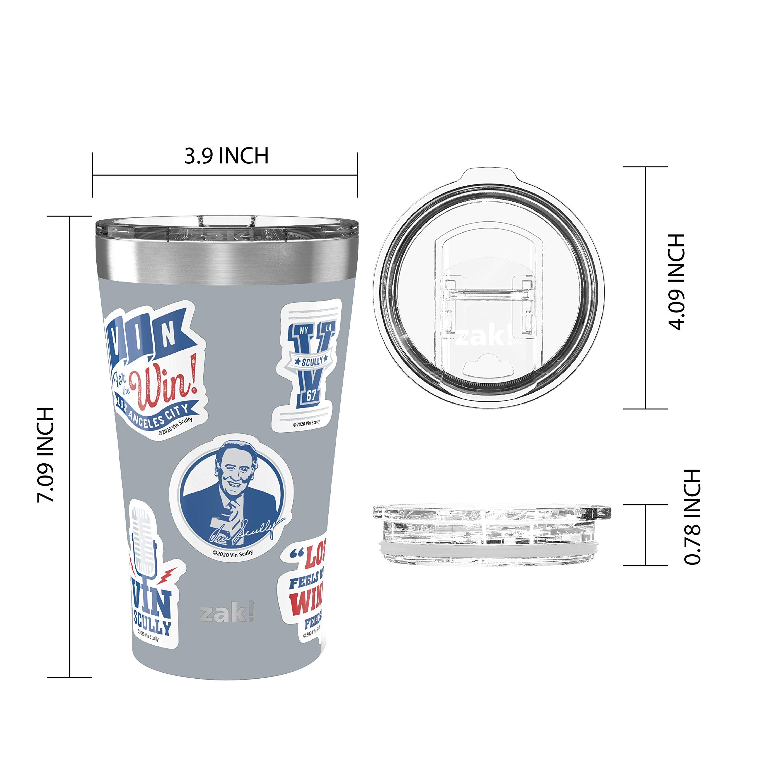 Zak Designs 18/8 Vacuum Insulated Stainless Steel Travel 20Oz With Press-In Lid And Splash-Proof, Includes Vin Scully Vinyl Pers
