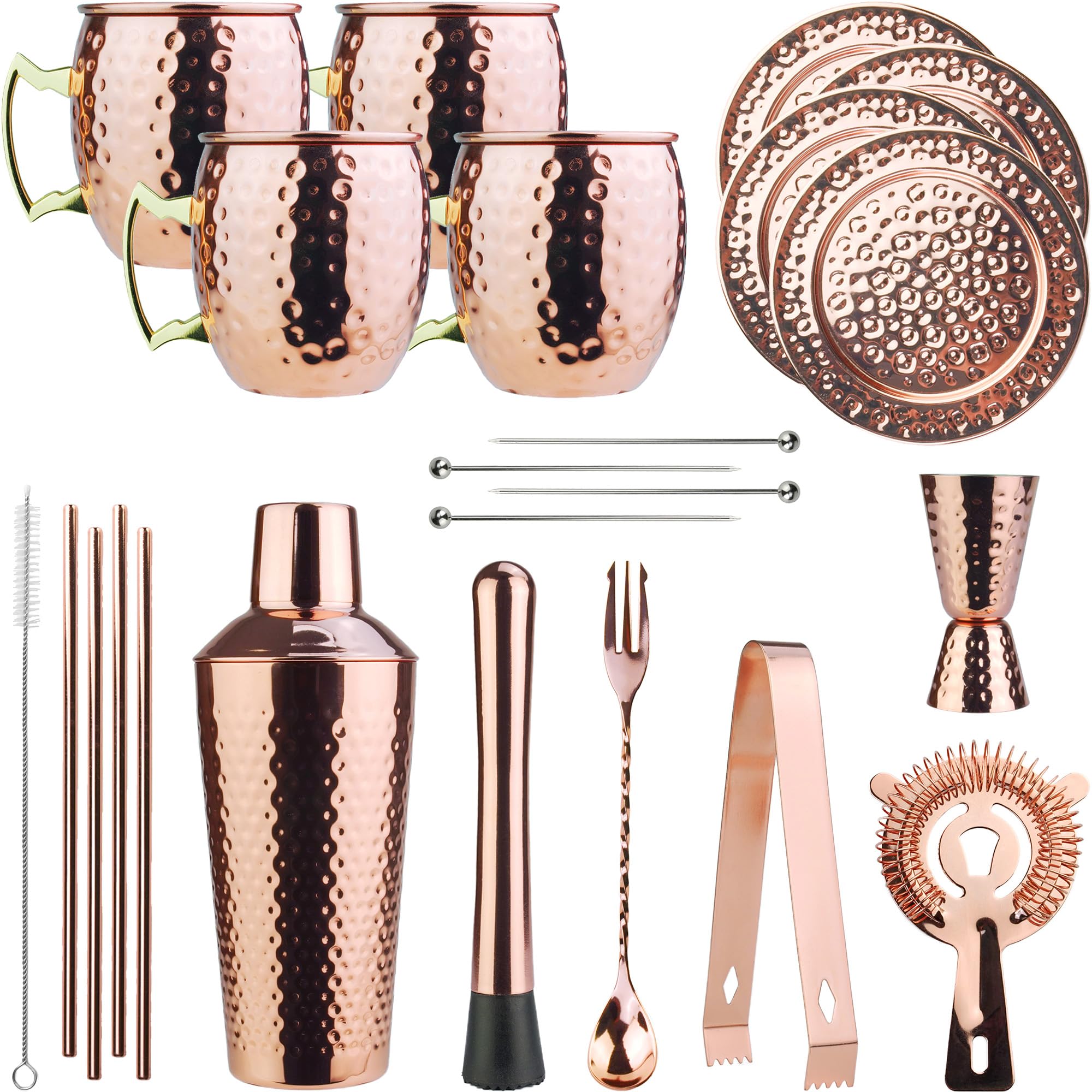 Arora Moscow Mule Barware Set - 23Pc - Copper Plated Stainless Steel - Professional Bar Tools For Drink Mixing, Home, Bar, Party