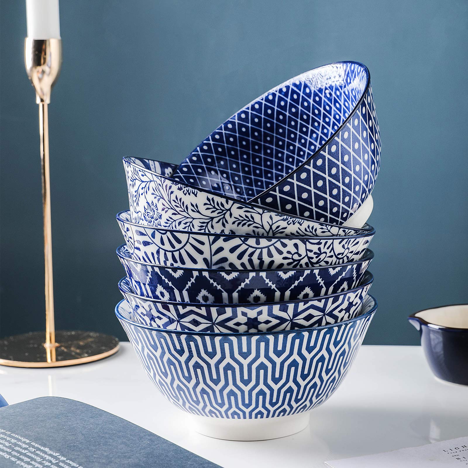 Selamica Blue And White Porcelain 20Oz Cereal Bowl Set - Set Of 6, 6 Inch Soup Bowls, Ceramic Bowls For Cereal, Soup, Salad And