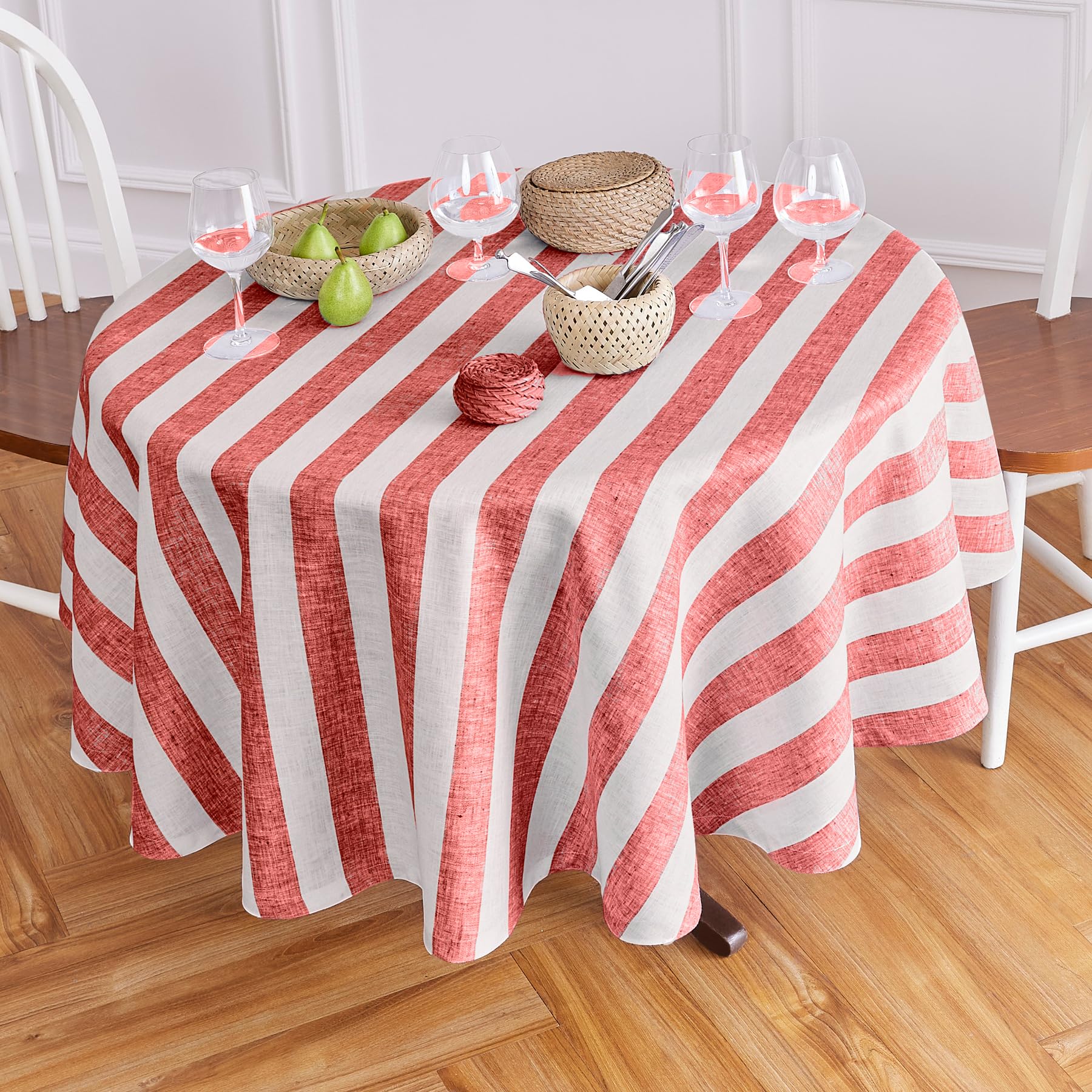 Solino Home Cabana Stripe Linen Round Tablecloth 70 Inch Diameter - 100% Pure Linen Red And White Tablecloth For Spring - Handcr