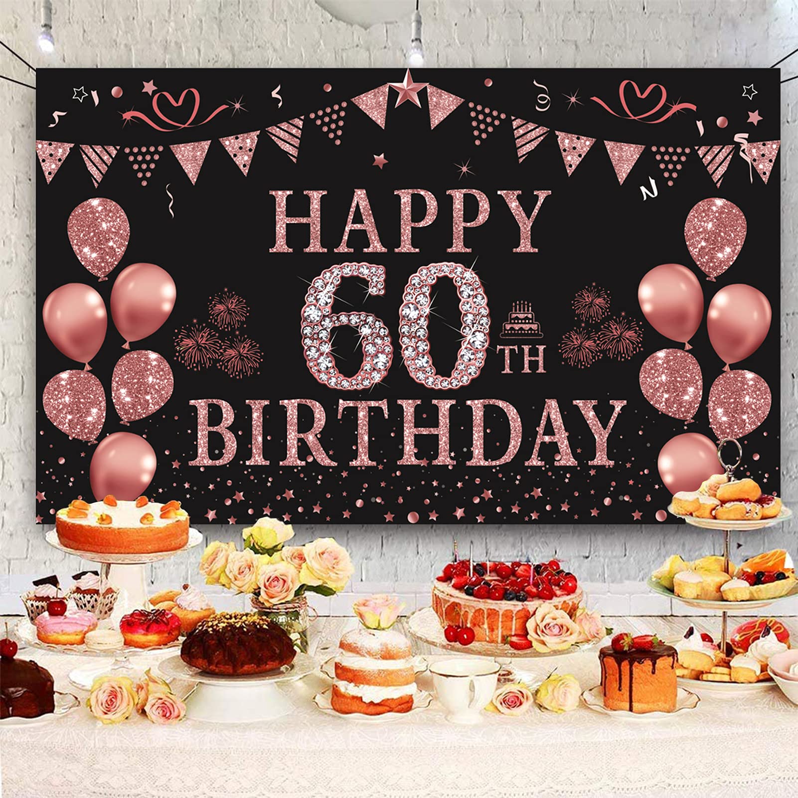 Trgowaul 60Th Birthday Decorations For Women Rose Gold Birthday Backdrop Banner 5.9 X 3.6 Fts Happy Birthday Party Suppiles Phot