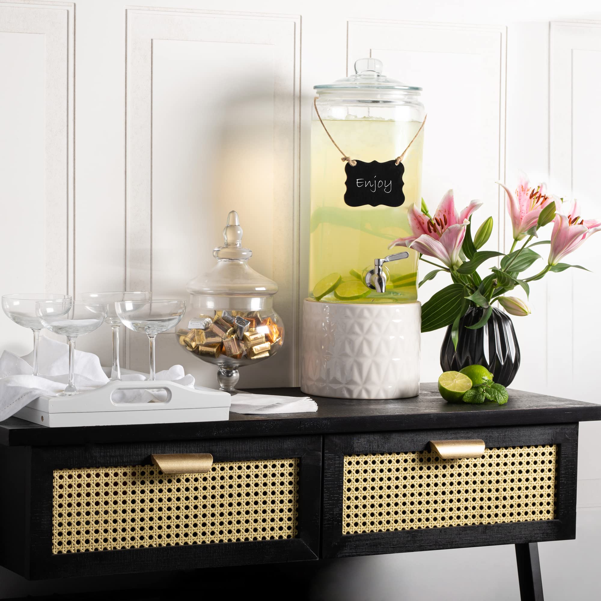 2 Gallon Beverage Serveware With Stainless Steel Spigot + Marker & Chalkboard 100% Leakproof Glass Drink Dispenser For Parties W