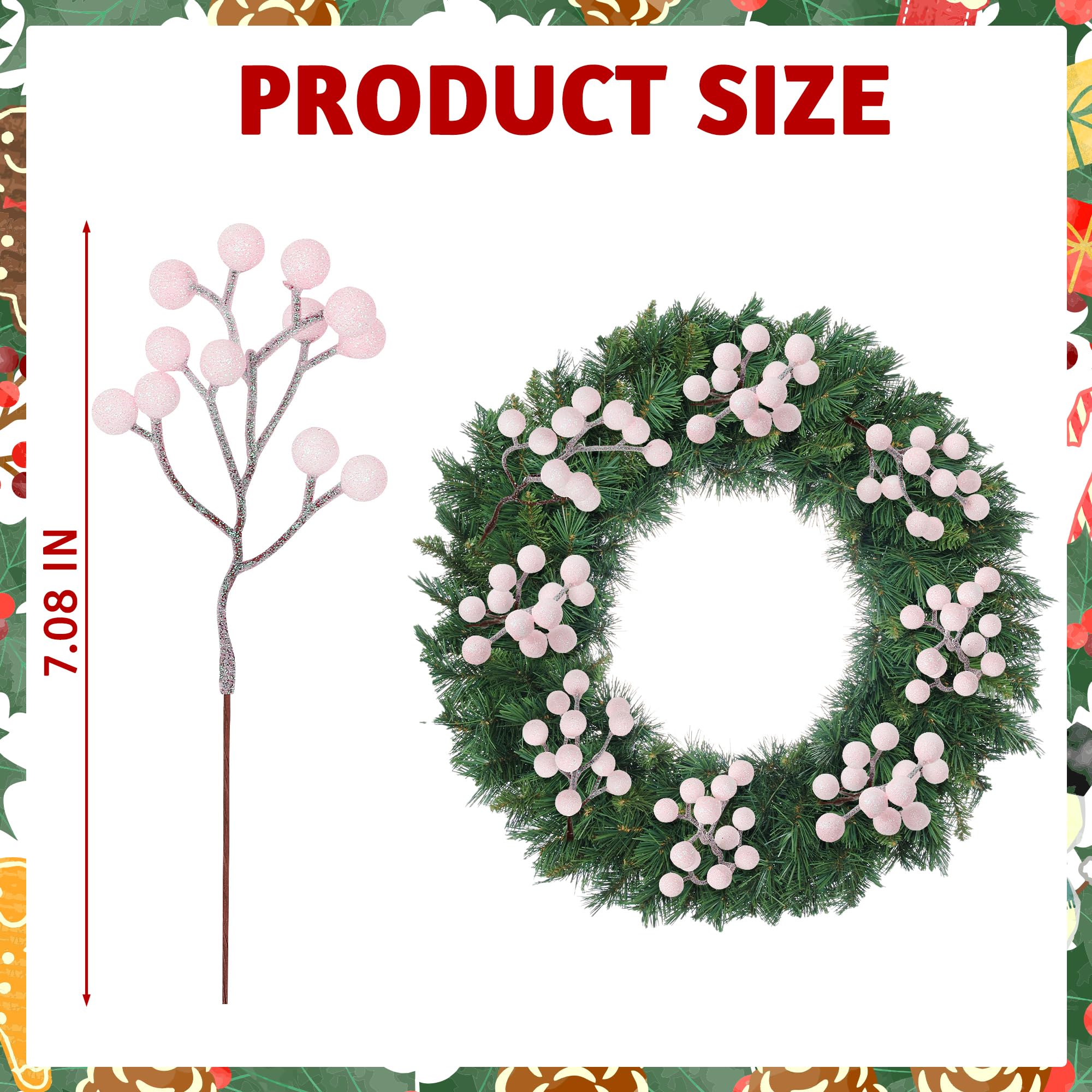 Vipay 24 PCS Berry Stems, 7.08 in Glitter Pink Christmas Tree Decor, Artificial Christmas Berry Branches Xmas Picks for Craft Fl