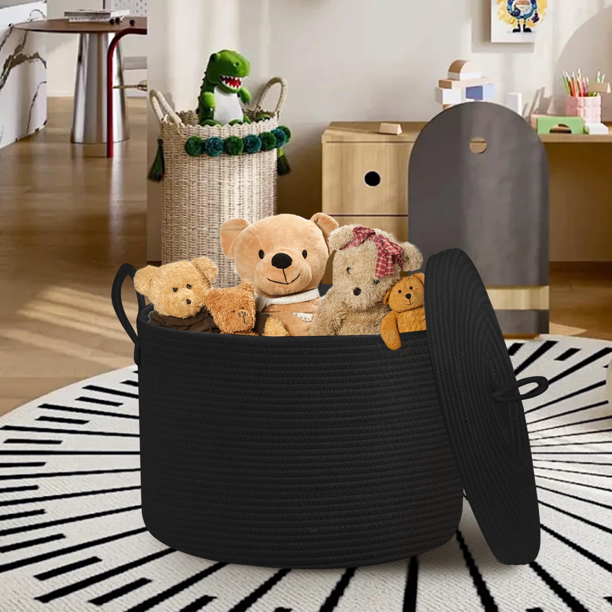 Honcesta 18'' X 14'' Large Black Basket With Lid, Cotton Rope Storage Basket For Blanket, Toy, Pillow, Towel, Living Room Bedroo