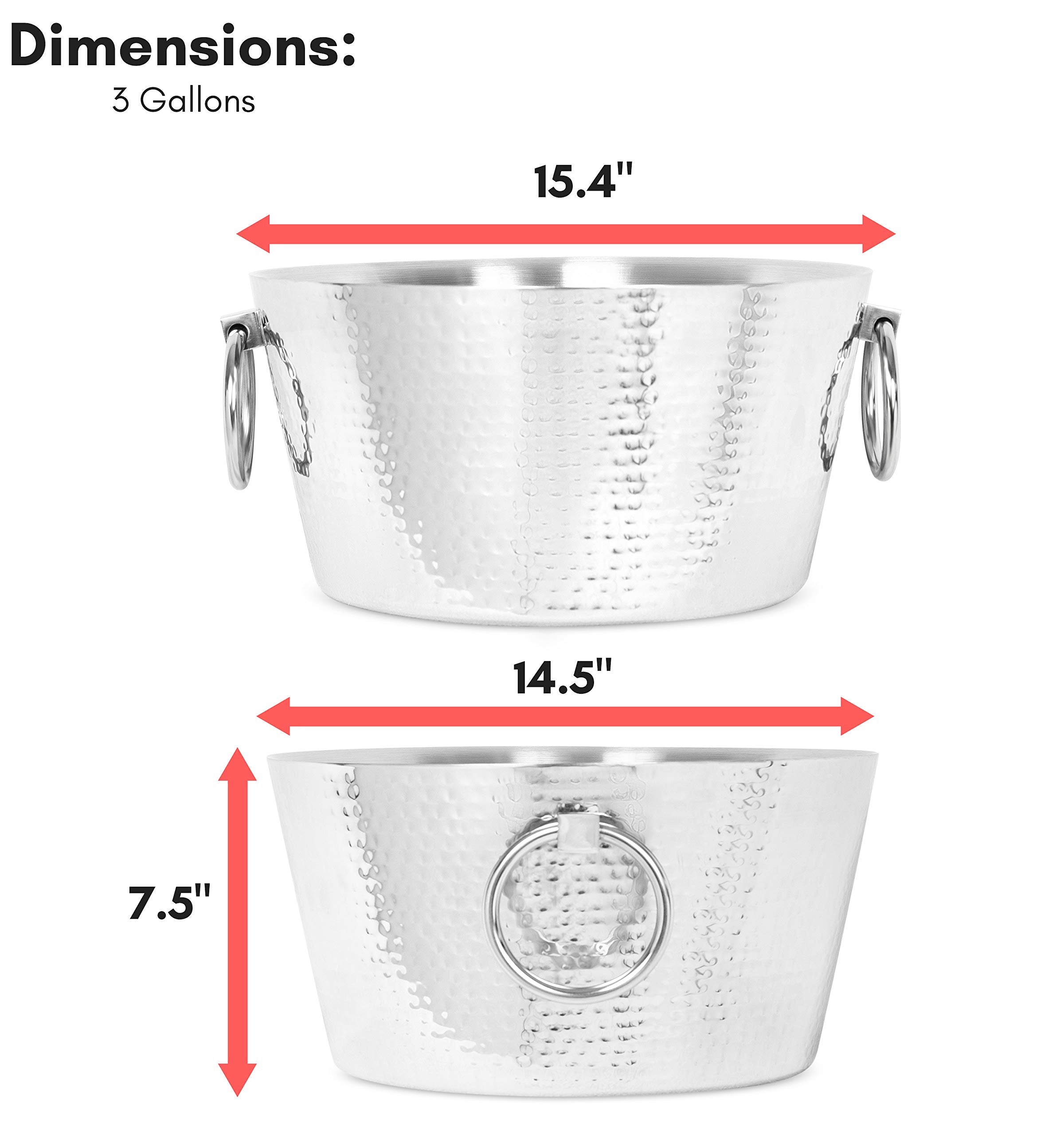 Birdrock Home Hammered Double Wall Round Beverage Tub - 3 Gallons Stainless Steel - Ice Bucket - Metal Drink Cooler - House Part