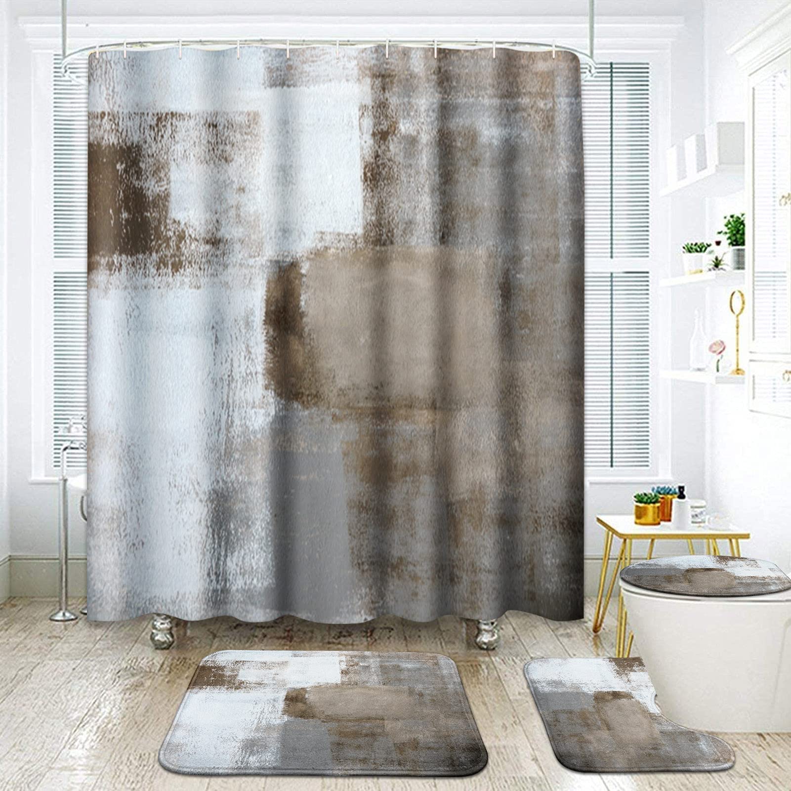 Artsocket Grey Brown Bathroom Set With Shower Curtain And Rugs Accessory,Gray Abstract Painting Modern Shower Curtain Set, Abstr