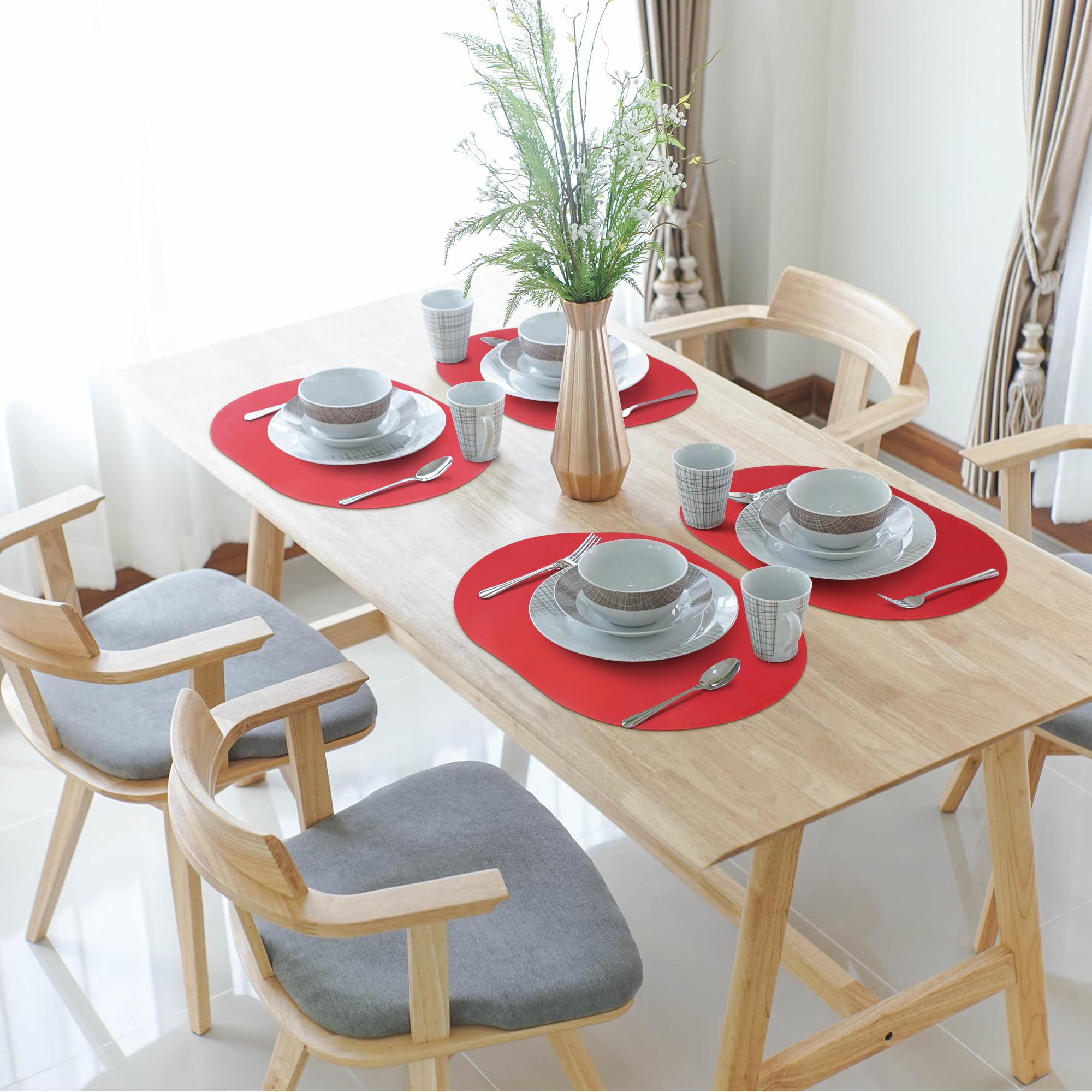 Fanquare Oval Red Silicone Placemats With One Side Faux Leather Texture Placemat For Dining Table Set Of 4 Non-Slip Non Scratch