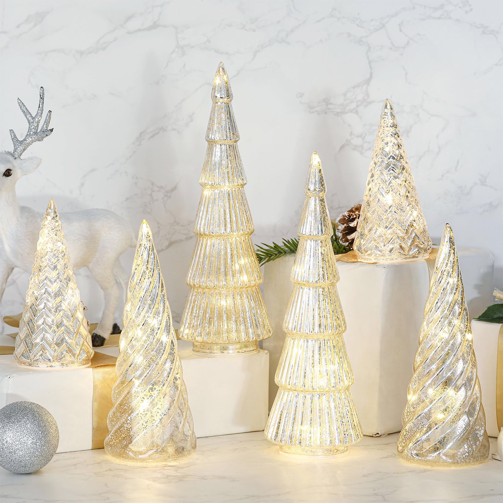 LOYIM 6 Pcs Mercury Glass Christmas Tree Silver Plate Glass Figurines with LED Fairy Lights 11 in Tall Silver Finish Light up Ch