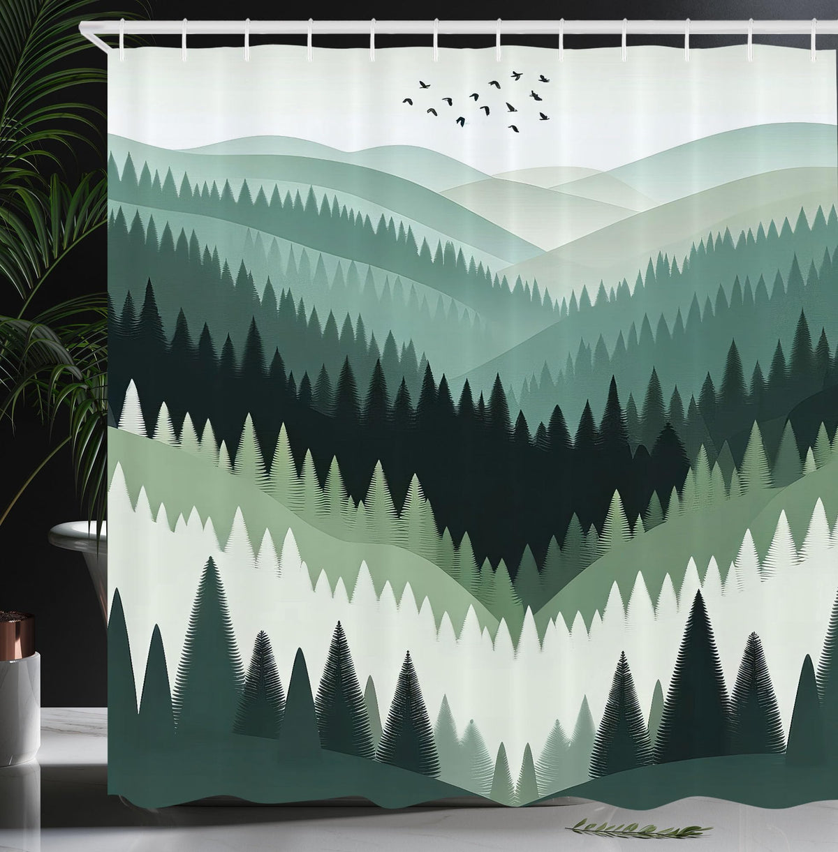Ambesonne Green Shower Curtain, Bohemian Nature Themed Woodland Valley With Jade Tones Modern Scandinavian, Cloth Fabric Bathroo