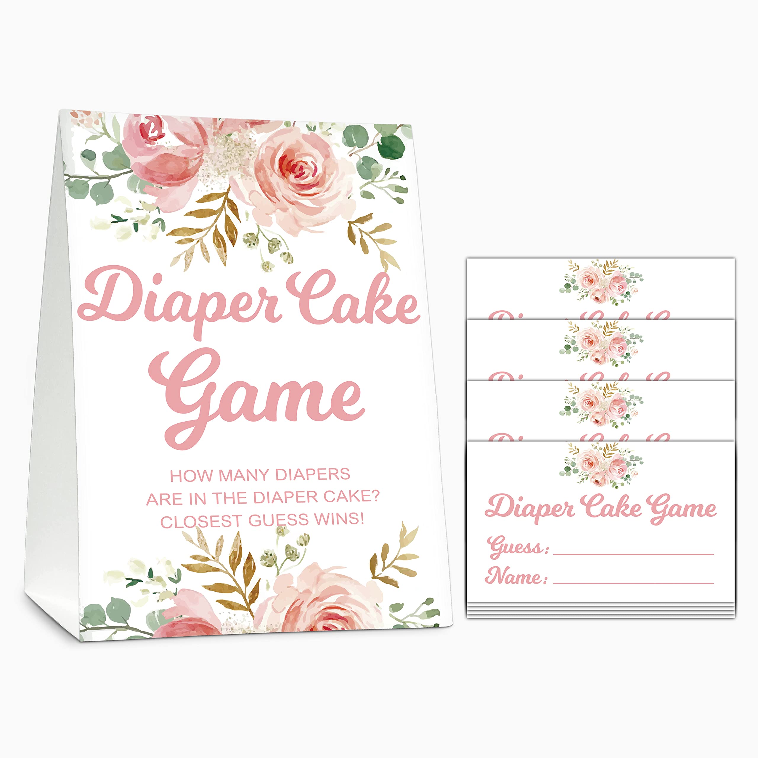 Baby Shower Game Set, Diaper Cake Games(1 Standing Sign + 50 Guessing Cards), Floral Guess How Many Diapers Party Game, Blush Pi