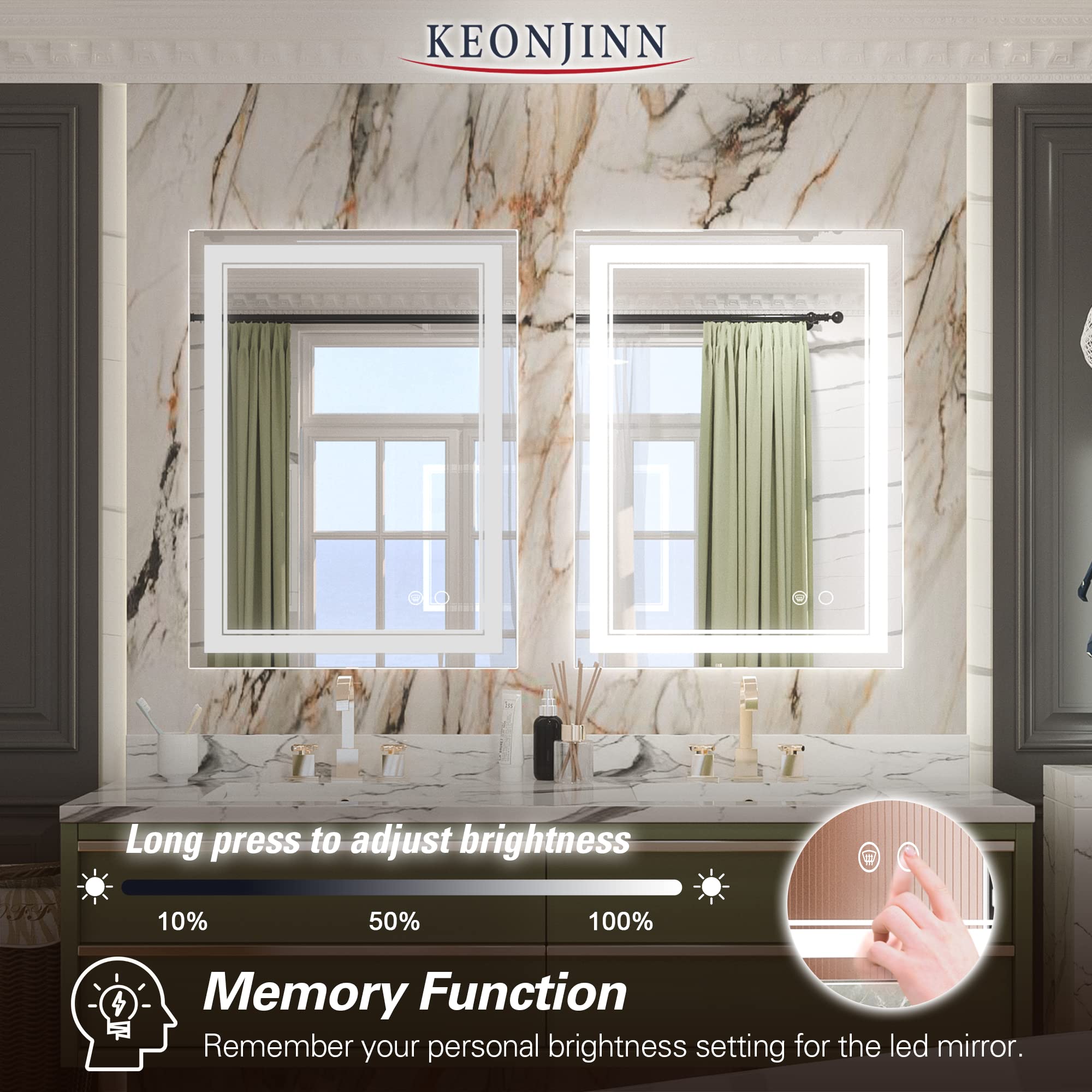 Keonjinn LED Bathroom Mirror  32 x 24 Inch Front Lighted Bathroom Vanity Mirror with Lights  Wall Mounted Anti-Fog Dimmable Lighting Makeup Mirror with Memory  6000K  IP54 (Horizontal/Vertical)