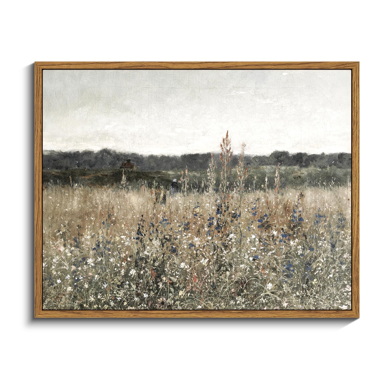 Insimsea Framed Canvas Wall Art Vintage Decor, Wildflower Field Canvas Wall Art Paintings Prints, Rustic Landscape Wall Decor Fo