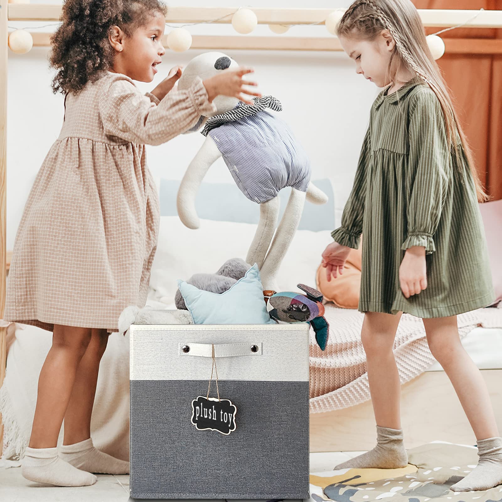 13X15X13 Storage Cube Bins 4 Pack,Collapsible Fabric Storage Cubes With Labels,Linen Cube Storage Organizer Bins With Cotton Han