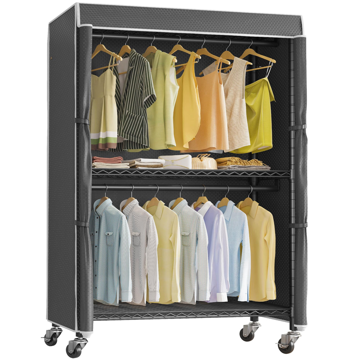 Vipek V12C Heavy Duty Rolling Garment Rack With Cover Clothing Rack For Hanging Clothes Portable Closets With Adjustable Wire Sh