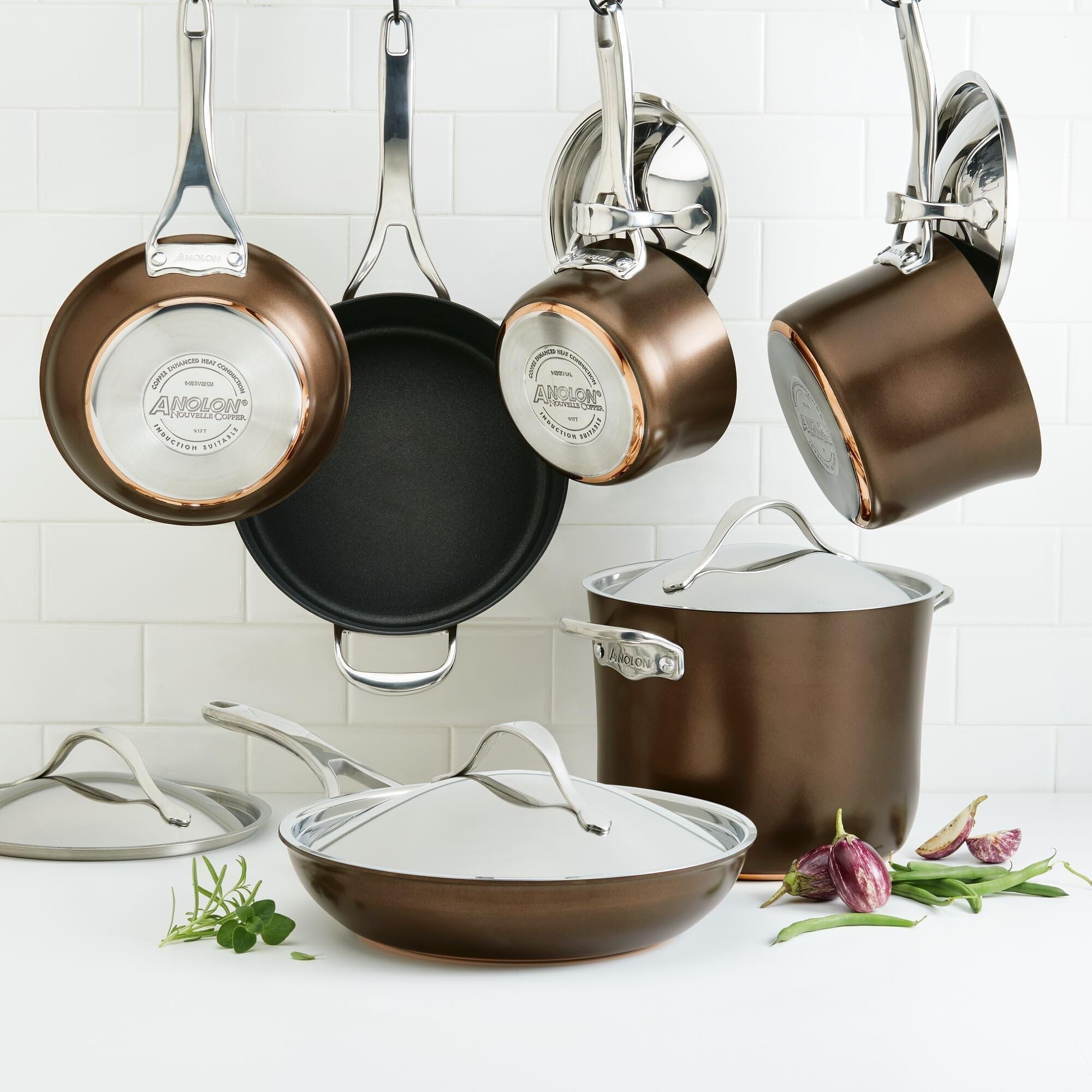 Anolon Nouvelle Copper Hard Anodized Nonstick Pots and Pans, Cookware Set (11 Piece), Sable