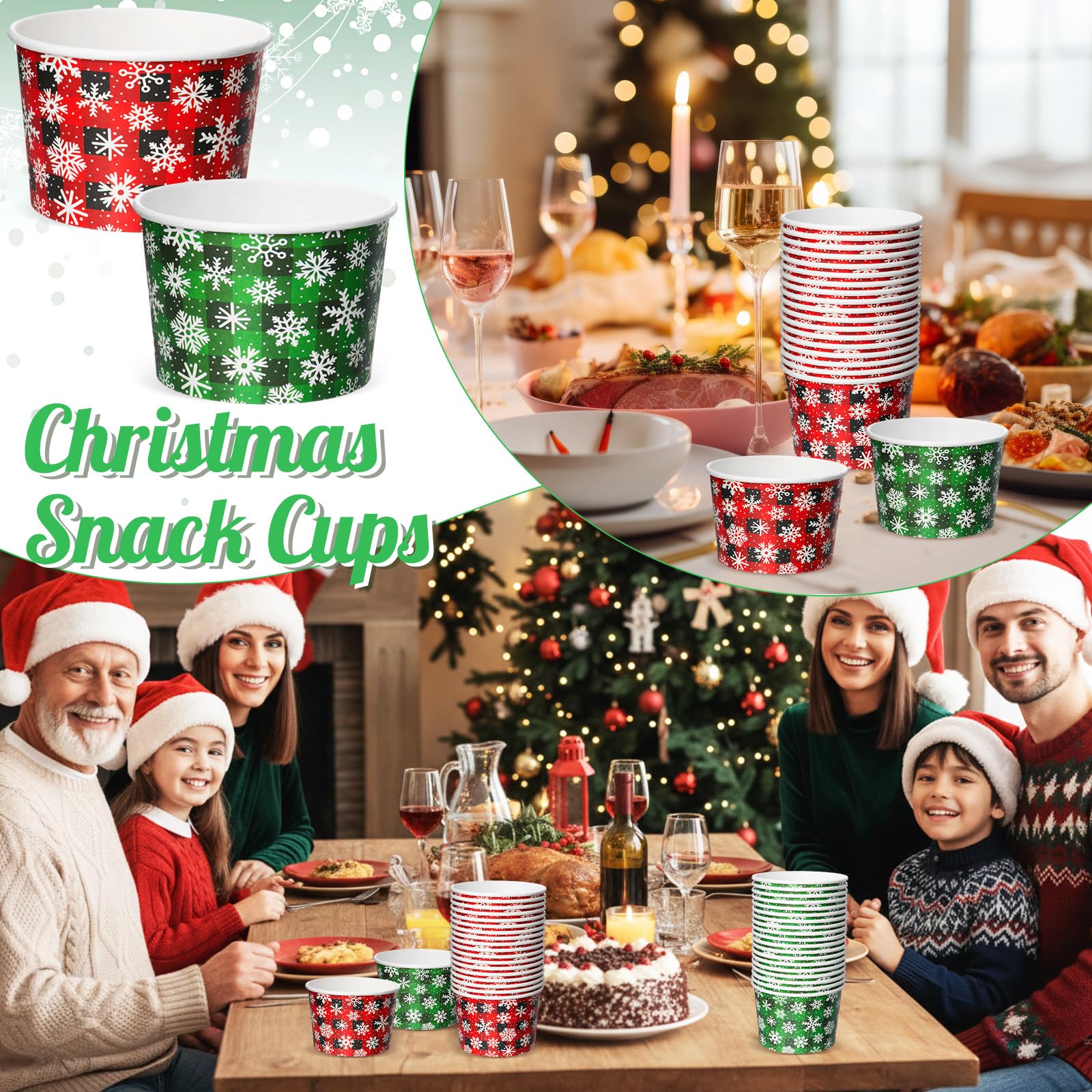 Jingmore 100 Pcs 8 oz Christmas Buffalo Plaid Treat Snack Cups Paper Red Green Plaid Ice Cream Bowl Disposable Paper Bowls Winte