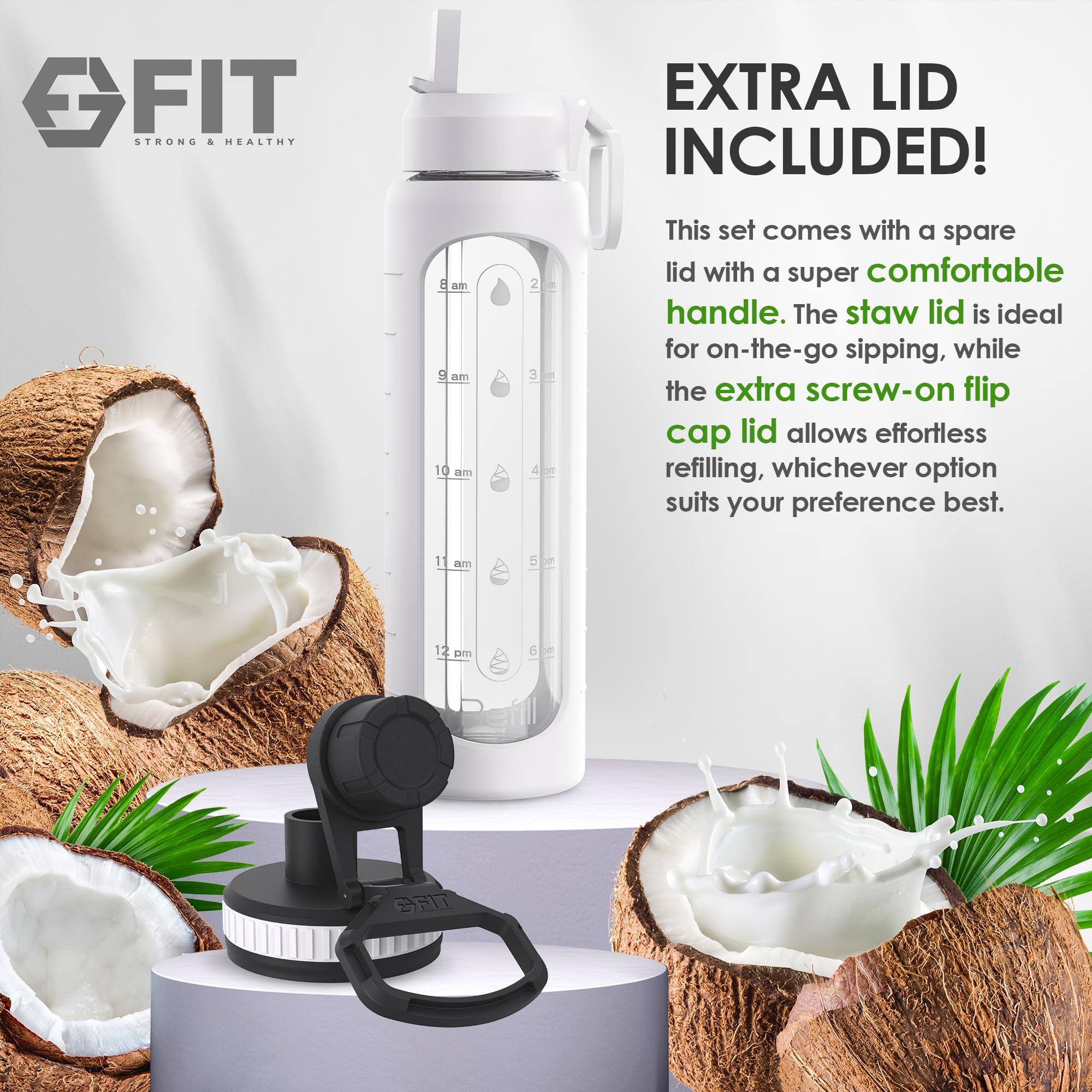 32 Oz Glass Water Bottle With Time Marker - Extra Lid, Reusable, Wide Mouth, Leakproof, Insulated Water Bottle With Silicone Sle