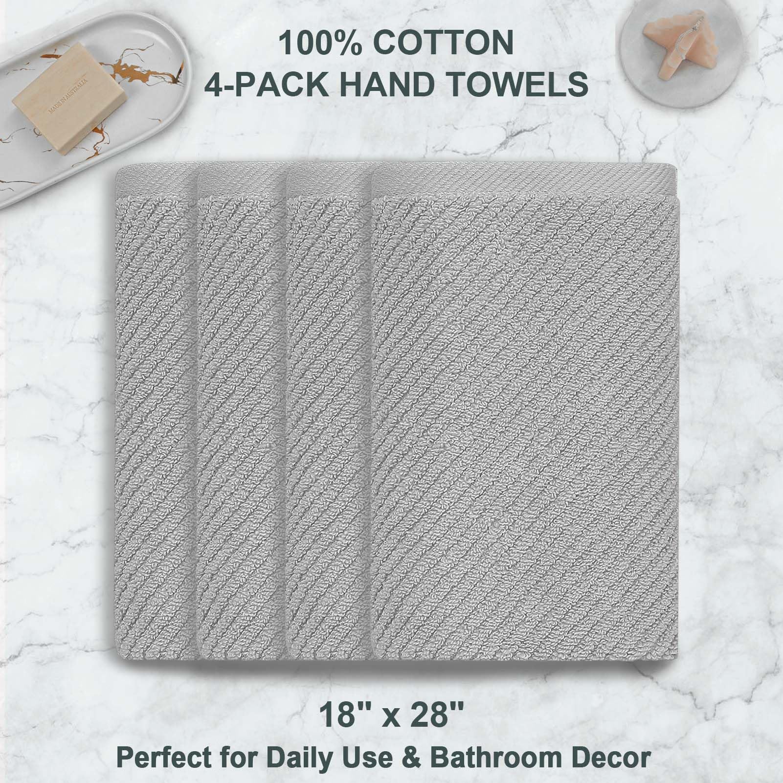 Voova & Movas Grey Hand Towels For Bathroom, Large 18'' X 28'' - 100% Cotton | Lightweight | Thick | Quick Dry | Soft | Absorben