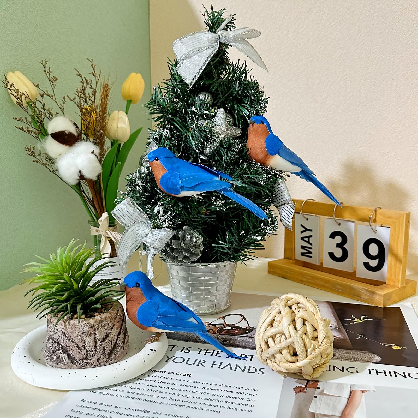 LWINGFLYER Artificial Birds Realistic Blue Birds 2 Pack Clip on Foam Feathered Bird Ornaments Figurines for Christmas Tree Decor