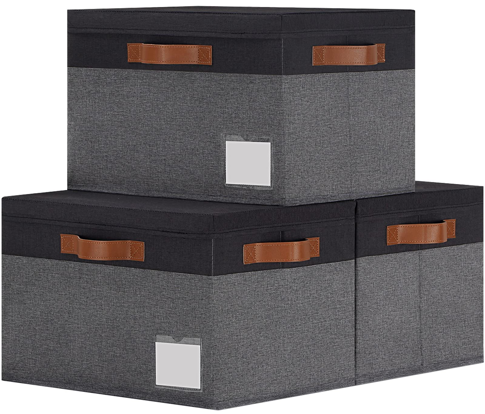 Ghvyennttes Large Storage Bins With Lids (3-Pack) Closet Storage Boxes With Lid And 3 Leather Handles, Foldable Fabric Storage B