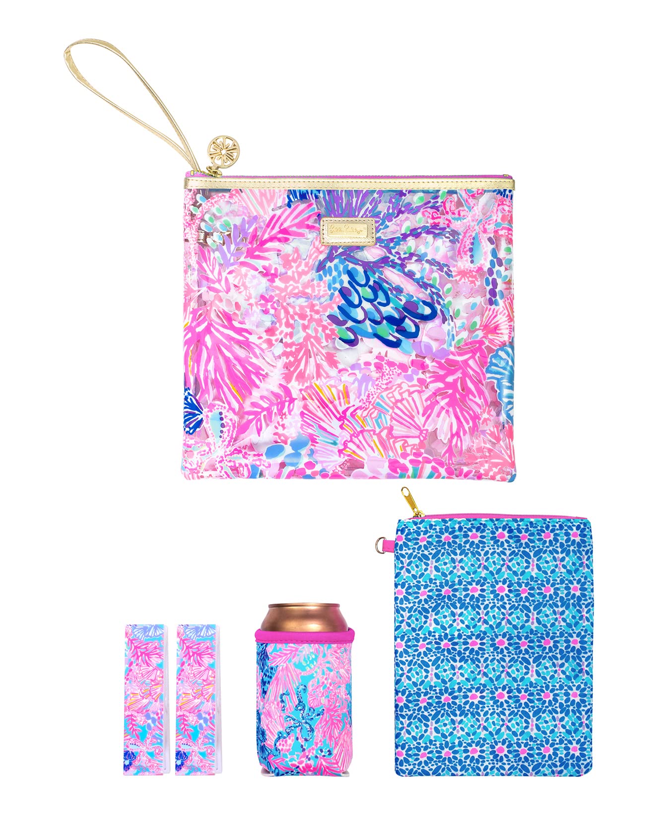 Lilly Pulitzer Water Resistant Vinyl Beach Day Pouch, Zipper Bag Includes Drink Hugger, Small Pouch, And Towel Clips, Splendor I