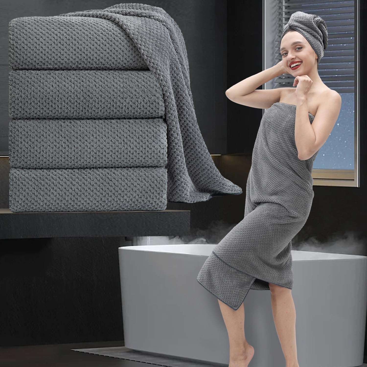 Bathroom Towel Set Dark Gray 4Pack-35X70,600Gsm Ultra Soft Microfibers Large Plush Bath Sheet, Highly Absorbent Quick Dry Oversi