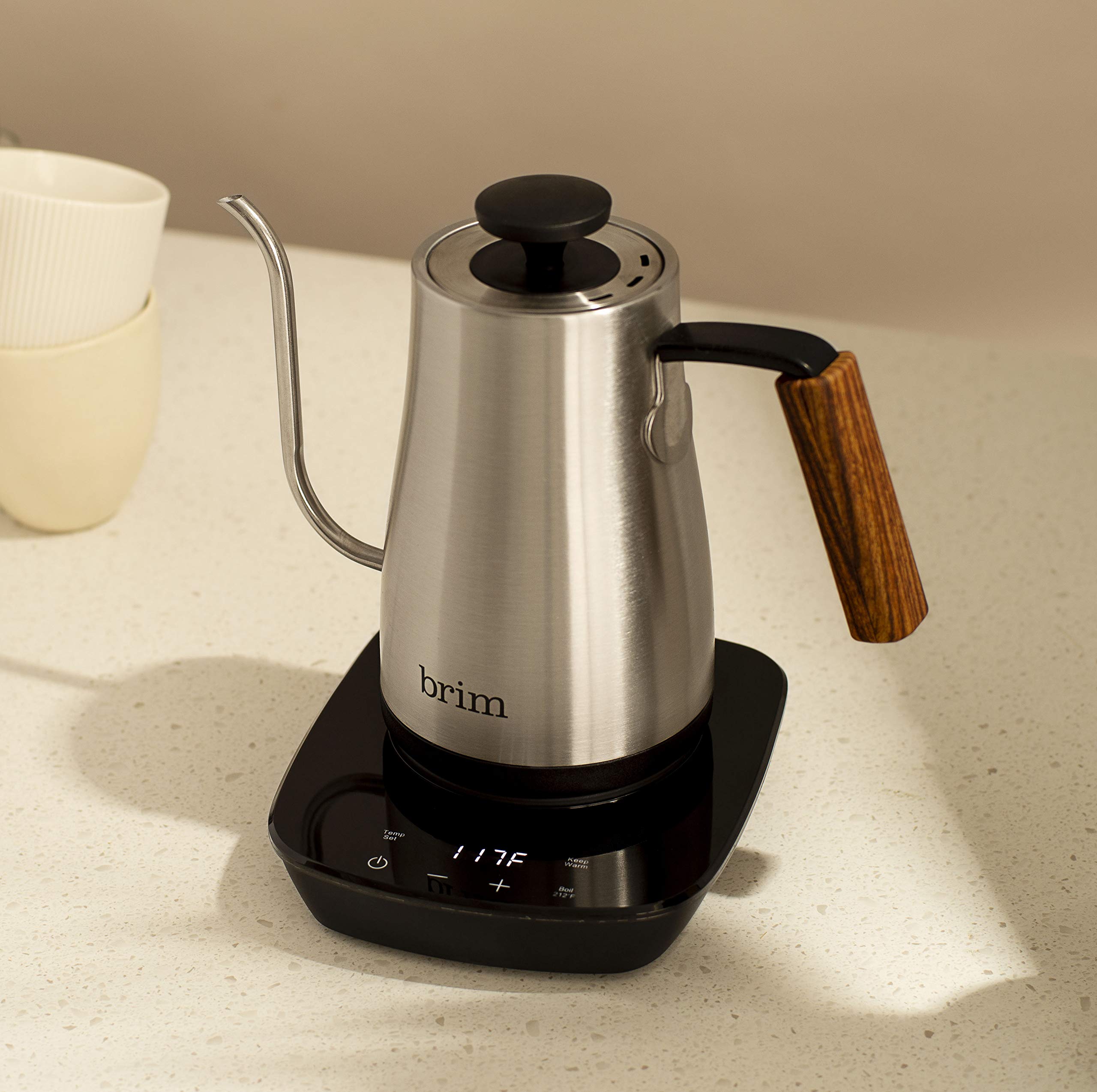 Brim 08L Gooseneck Kettle W Wood Handle, Easy Brewing Pour Over Coffee, Tea Or Hot Beverages, 6 Variable Temperature Presets, Ca