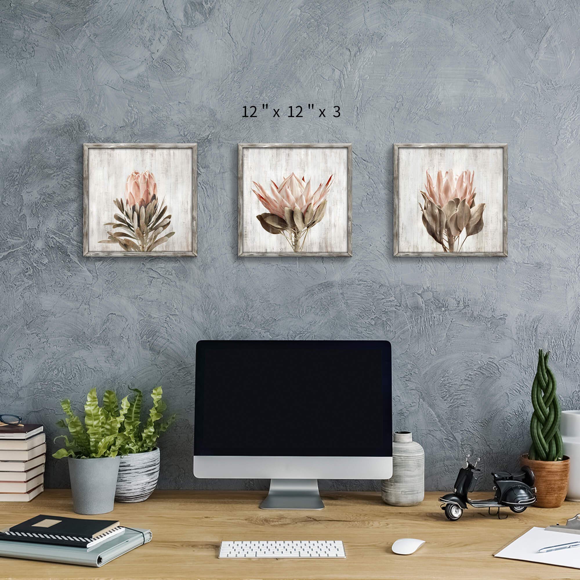 Pink Floral Wall Art Picture: Blossom Protea Flower Artwork Print On Rustic Wood Framed For Home Decor (12    X 12    X 3 Panels