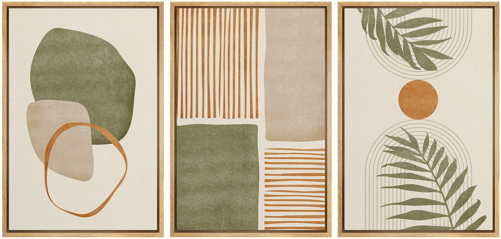 Idea4Wall Framed Canvas Print Wall Art Set Geometric Mid-Century Green Polygon Tropical Leaves Abstract Shapes Illustrations Mod