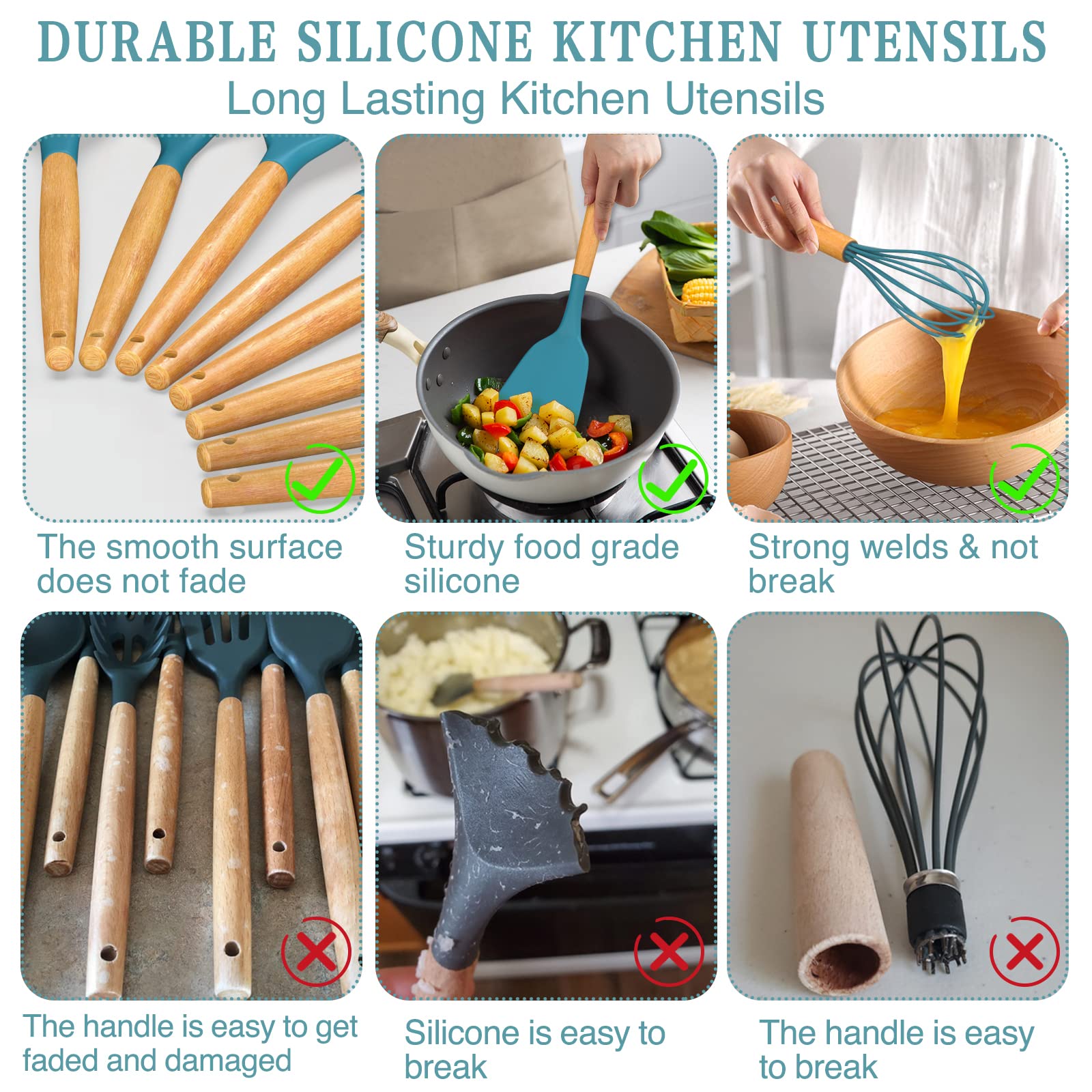 Umite Chef Kitchen Utensils Set, Non-Stick Silicone Kitchen Utensils, Spatula Set With Holder, Wooden Handle, Heat Resistant Sil