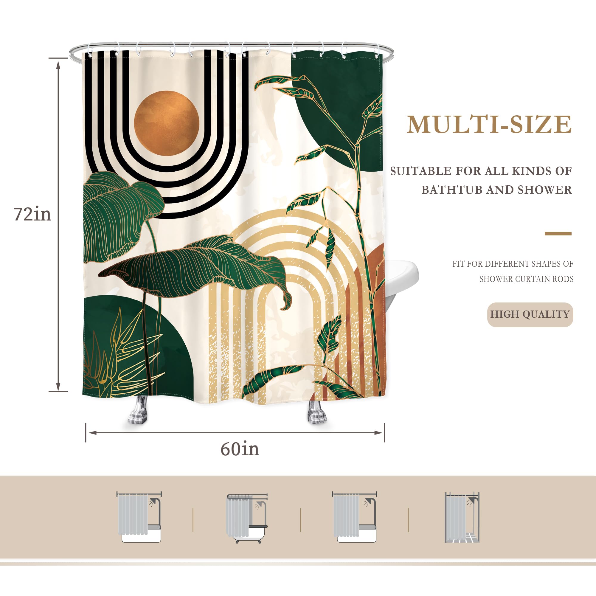 Glawry Green Abstract Mid Century Shower Curtain Boho Retro Tropical Palm Tree Sun Arch Minimalist Modern Bathroom Aesthetic Geo