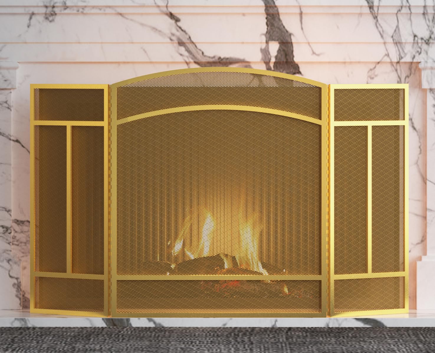 Fire Beauty Fireplace Screen 3 Panel Wrought Iron 48''(L) X 29''(H) Spark Guard Cover(Golden Dusting)