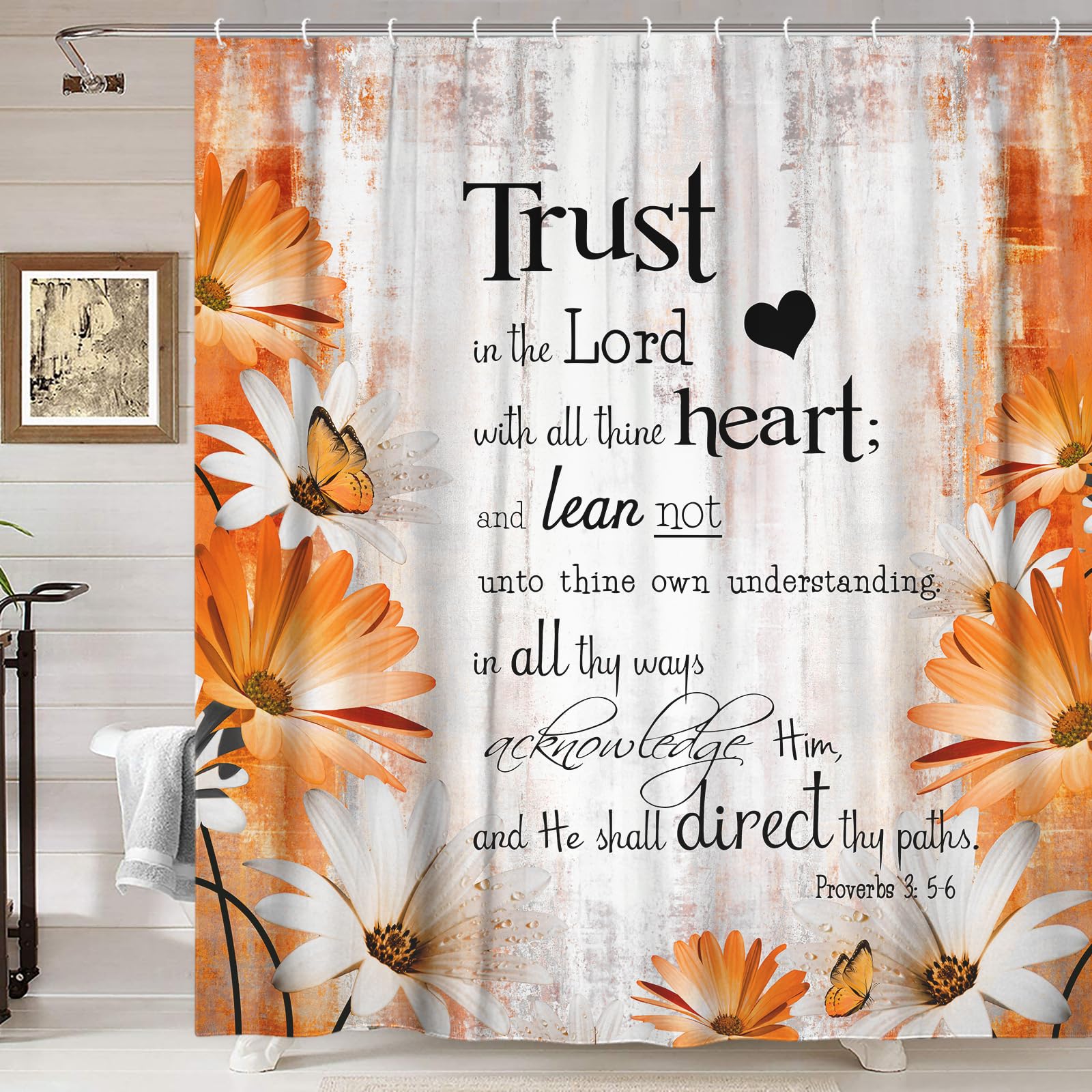 Rustic Farmhouse Orange Shower Curtain Bible Verse Inspirational Shower Curtain Country Farm Yellow Fall Daisy Flowers Butterfly