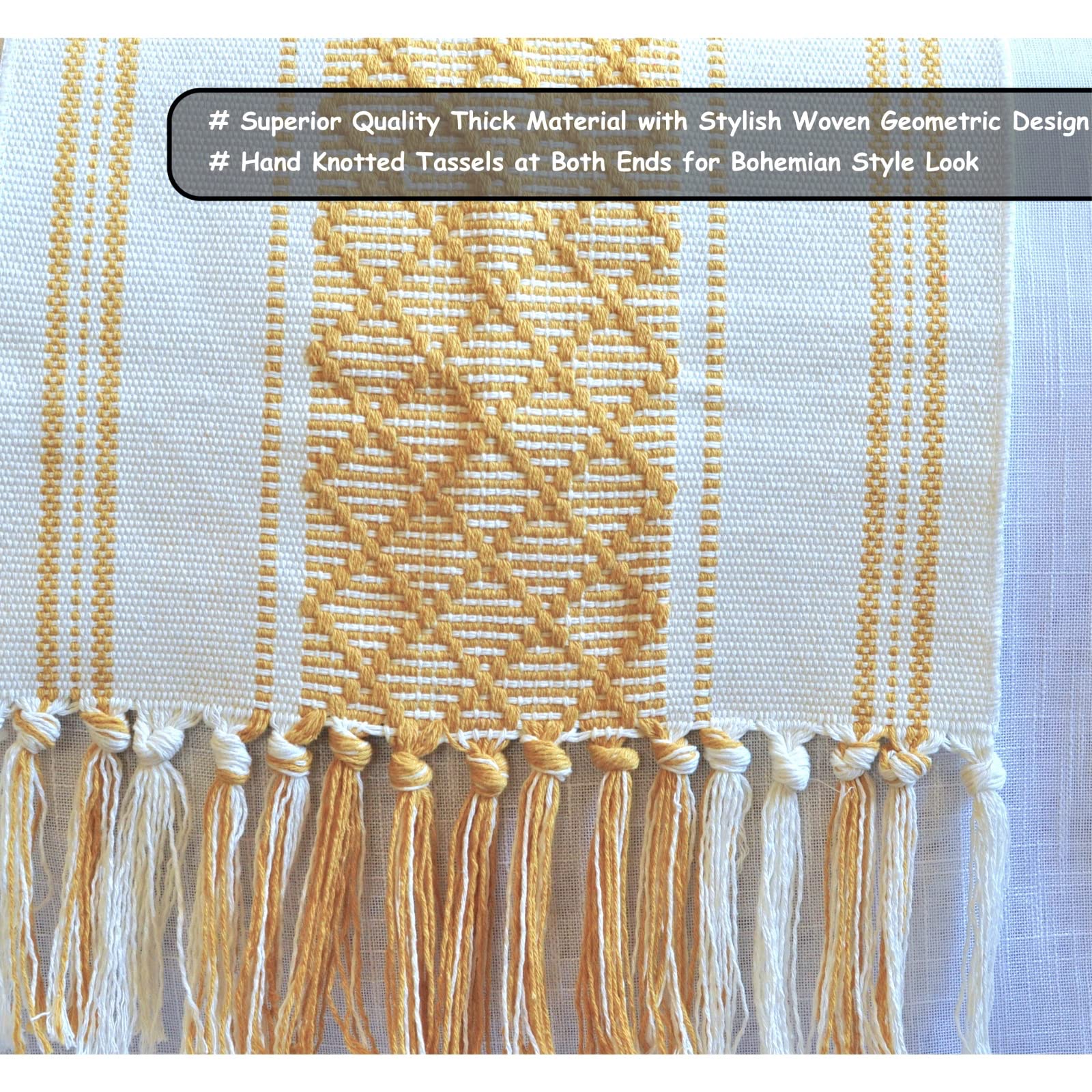 Oveesha Small Coffee Table Runner With Fringe 14 X 48 Inches, Mustard Yellow & Cream White/Woven Dresser Scarf/Farmhouse Coffee