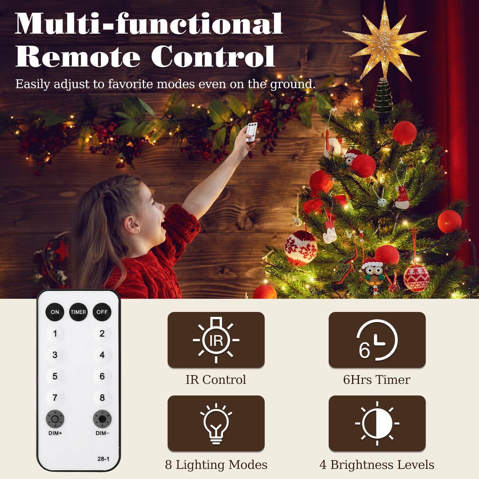 Lewondr Christmas Tree Topper Star, 13inch Xmas Tree Topper with LED Light Beads, Remote & USB Operated 10-Point Star Treetop fo