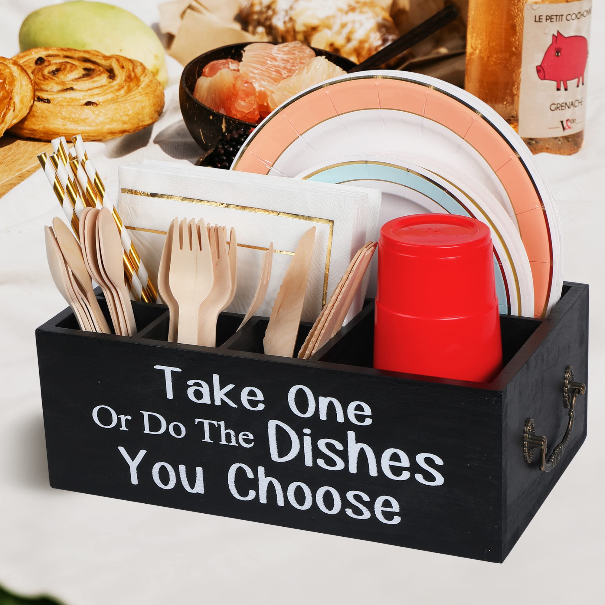 Small Paper Plate Holder Utensil Caddy Organizer for Countertop  Kitchen Silverware Caddy Holder for Cups  Forks  Spoons  Plates  Napkins  Wood Utensil Holder Paper Plate Dispenser for Party Picnic