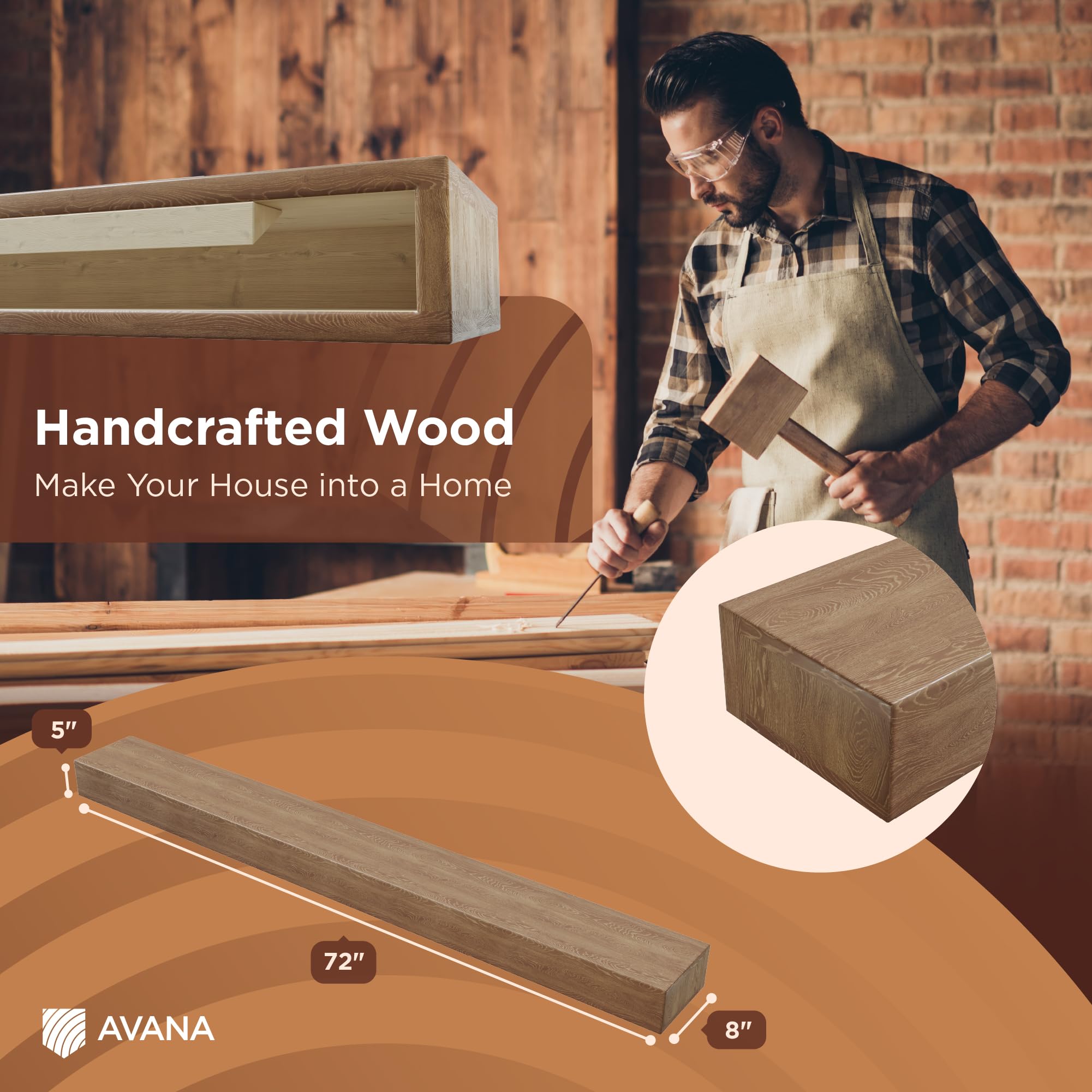 Avana Fireplace Mantel - Wall-Mounted Mantles For Over Fireplace - Farmhouse Fireplace Mantle Shelves - Handcrafted Wood Firepla