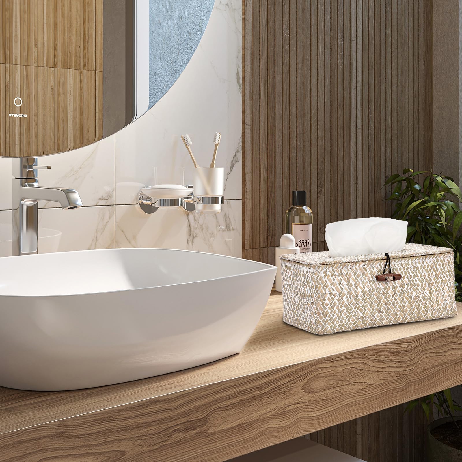 Sumnacon Rectangle Natural Seagrass Tissue Box Cover,Woven Tissue Box With Bottom,Farmhouse Tissue Box Holder For Living Room Ba