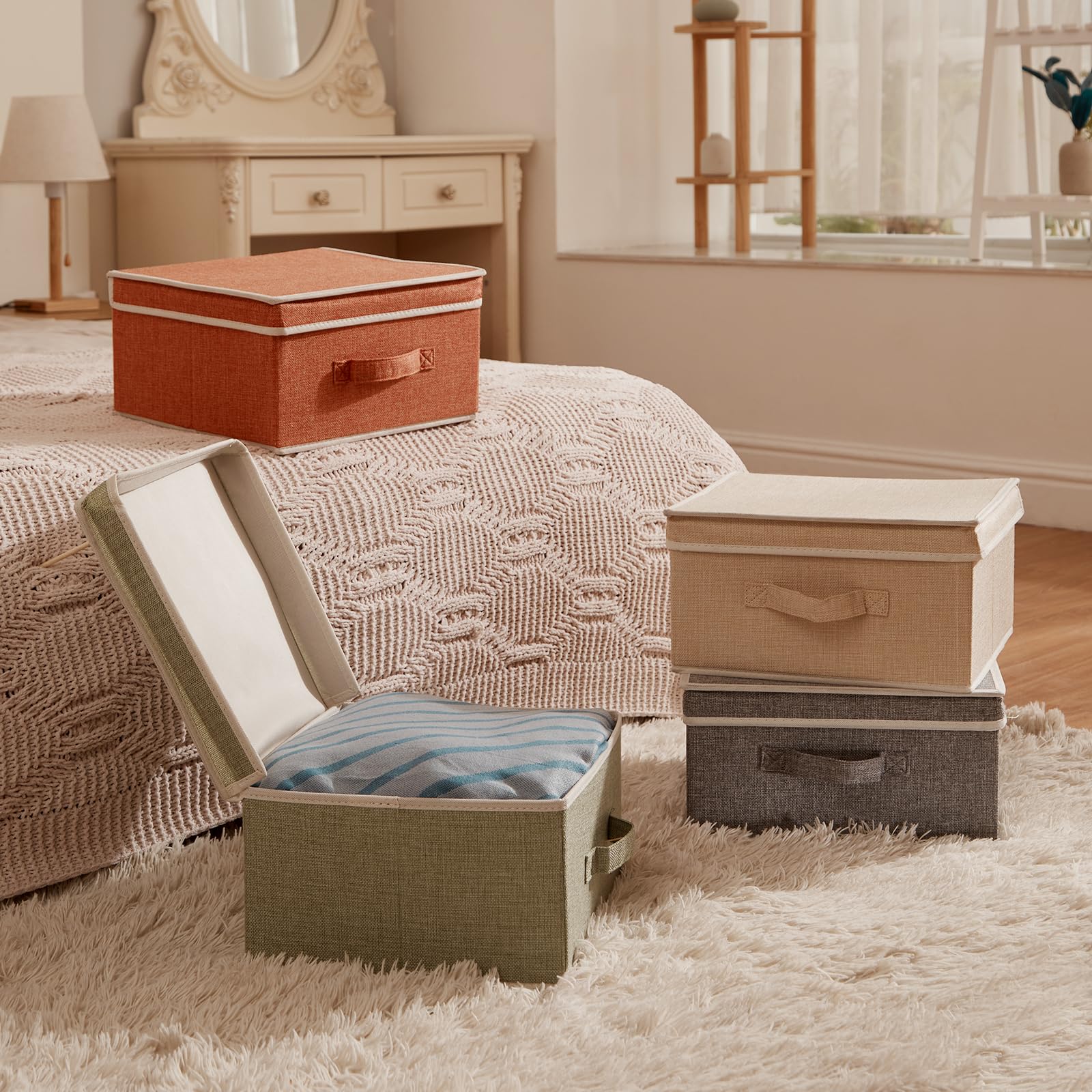 Domeraax Storage Bins With Lid, Foldable Clothing Storage Box Case With Handle For Toy, Books, Closet, Bedroom, Home, 4 Color Se