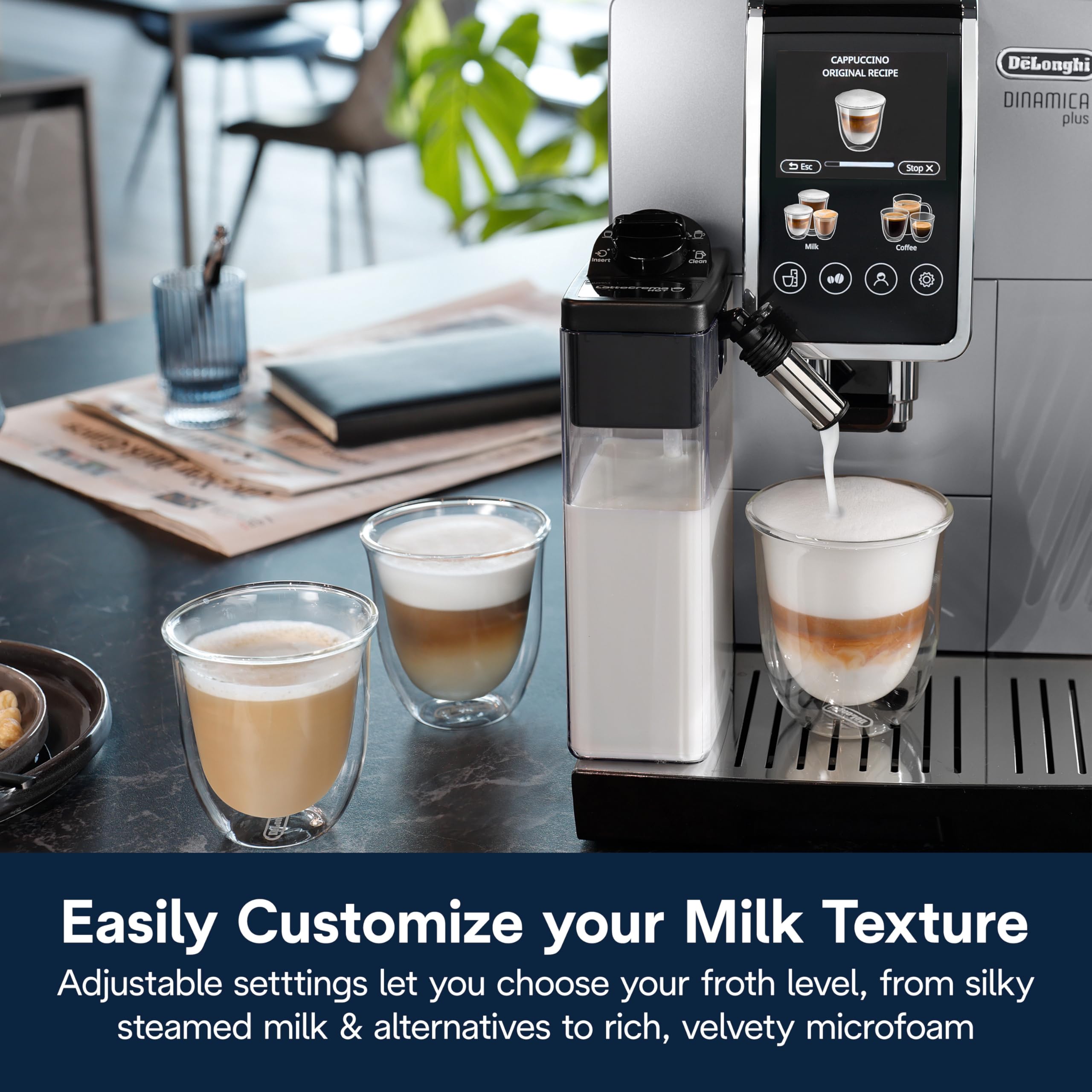 De'Longhi Dinamica Plus Espresso & Coffee Machine, Automatic Milk Frother, 24+ One Touch Recipes, Enjoy Lattes, Cappuccinos, And