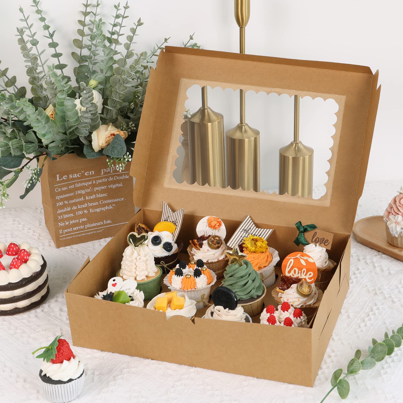 Moretoes Cupcake Boxes - 34 Pcs Brown Kraft Bakery Carrier with Windows for Cupcakes, Muffins & Pastries, Model Moretoes2022062402